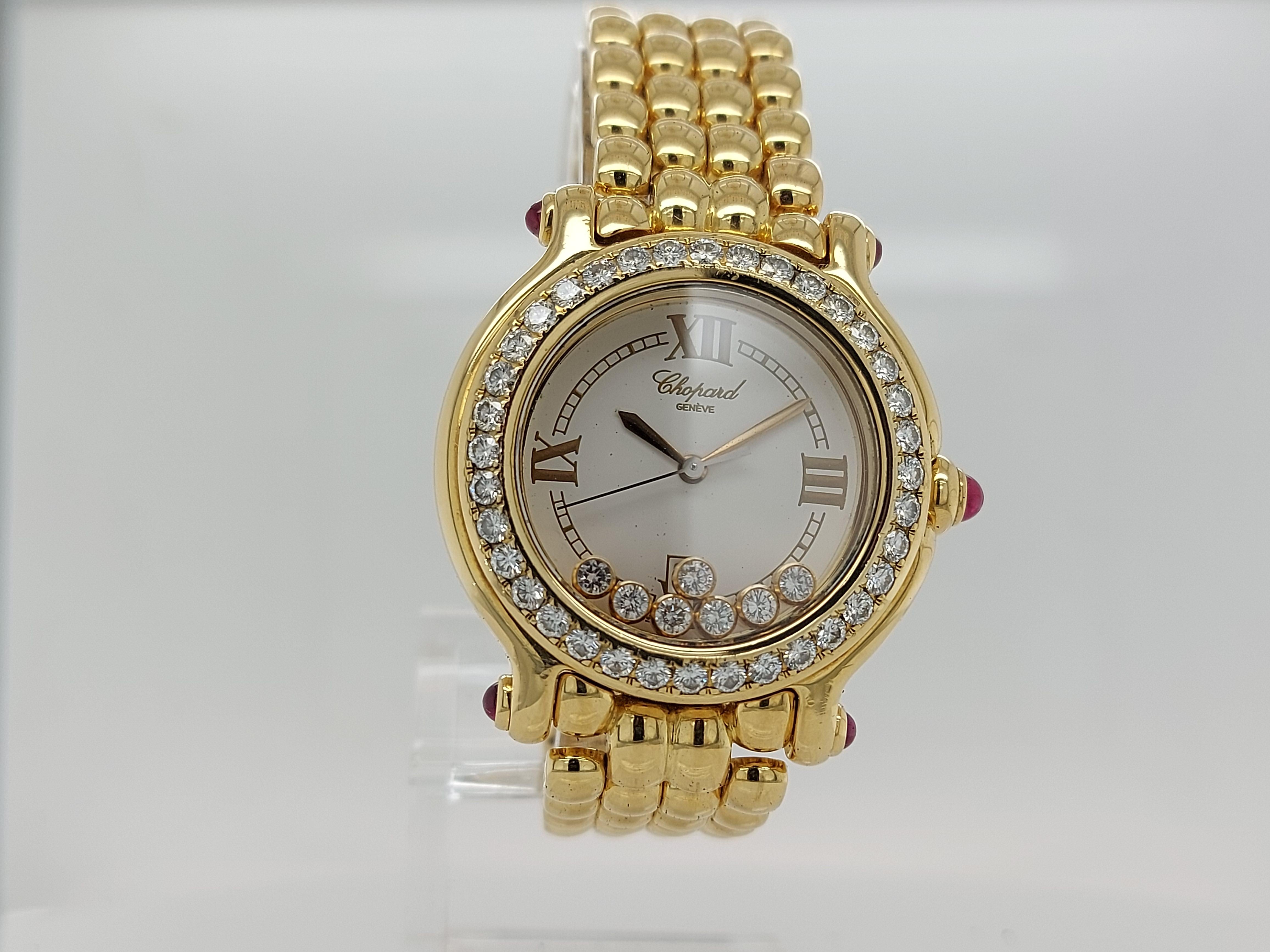 Chopard Happy Sport Watch Yellow Gold Bracelet 27/6137-21 White Dial, Diamonds In Excellent Condition In Antwerp, BE