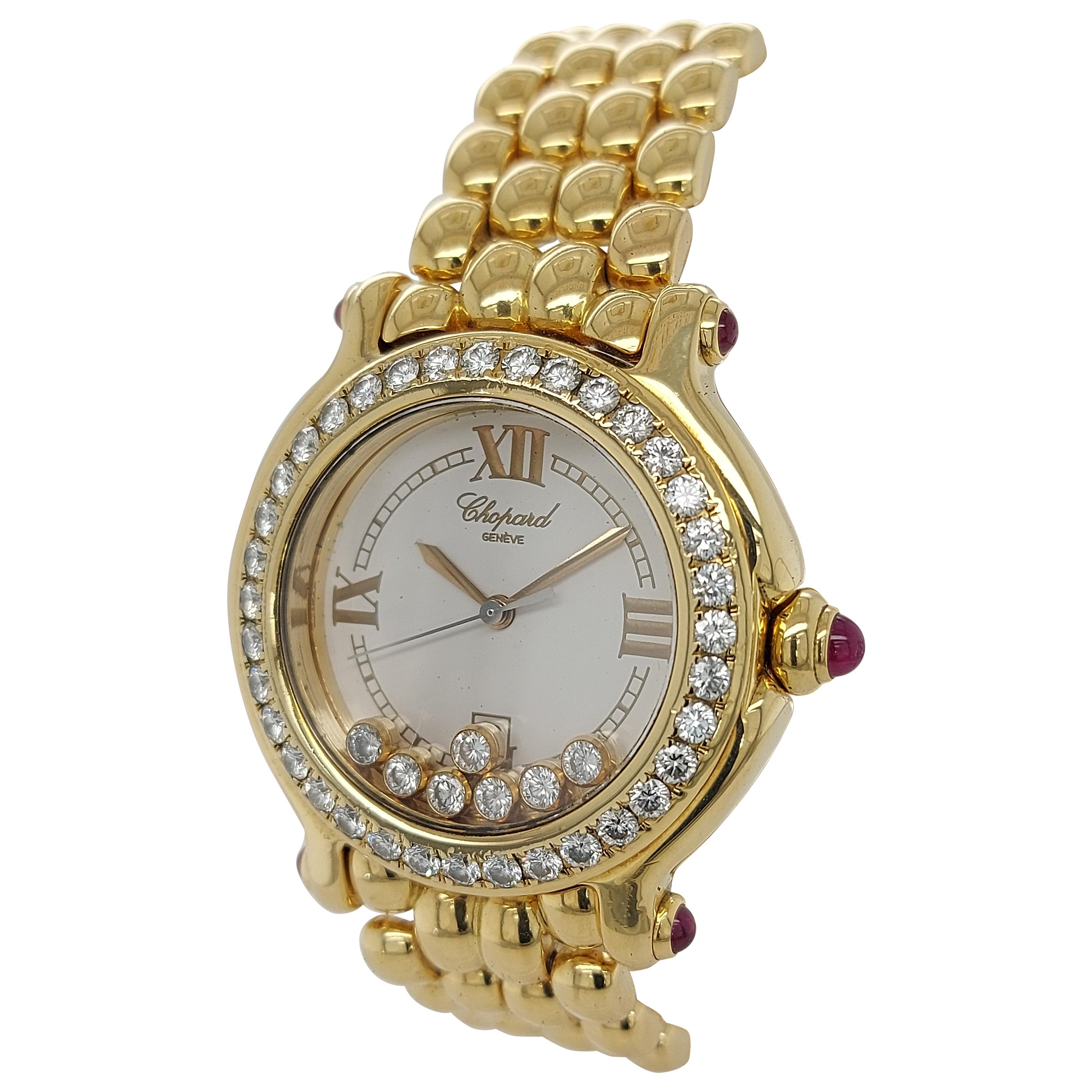 Chopard Happy Sport Watch Yellow Gold Bracelet 27/6137-21 White Dial, Diamonds