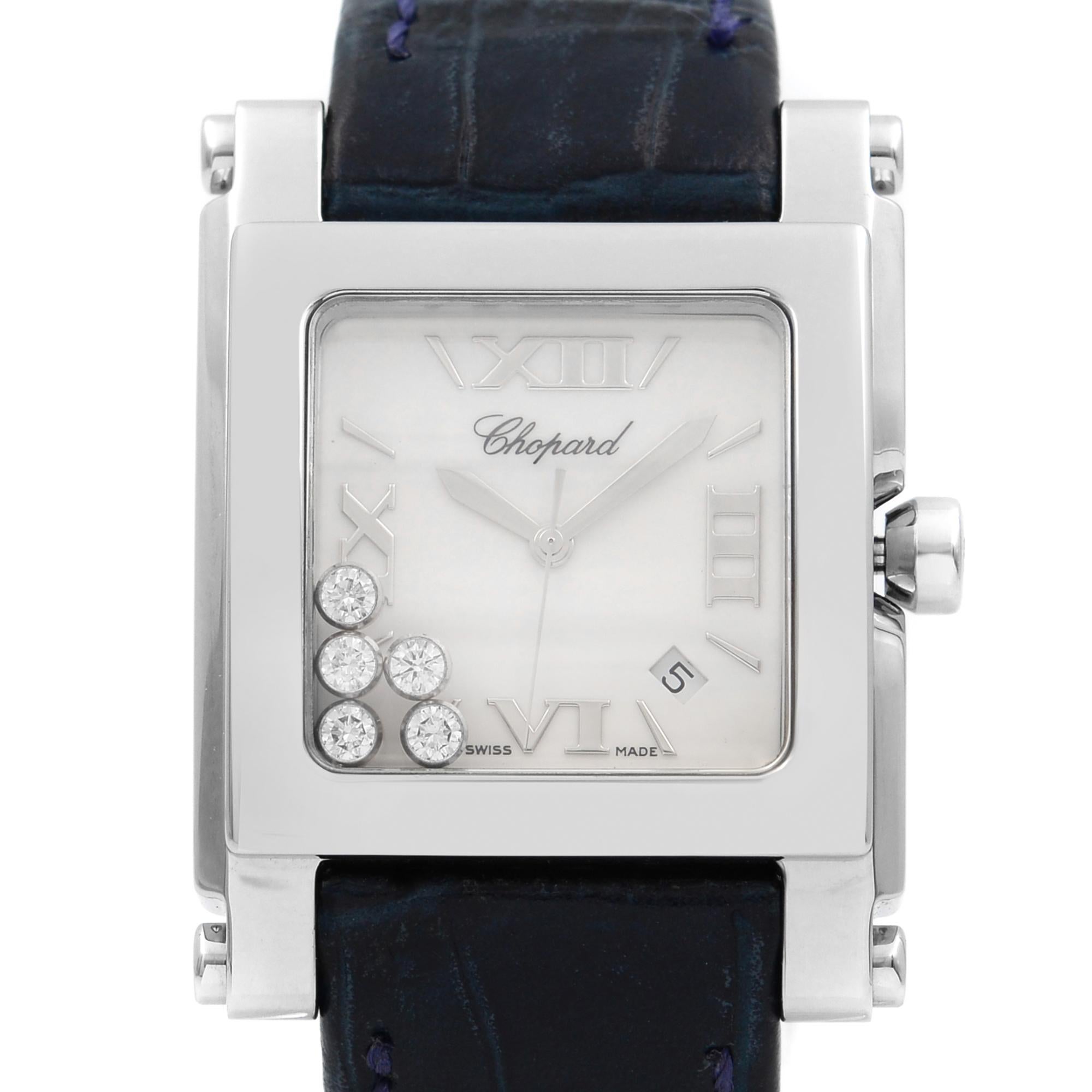 This pre-owned Chopard Happy Sport 28/8447 is a beautiful  timepiece that is powered by quartz (battery) movement which is cased in a stainless steel case. It has a square shape face, diamonds dial and has hand sticks & numerals style markers. It is
