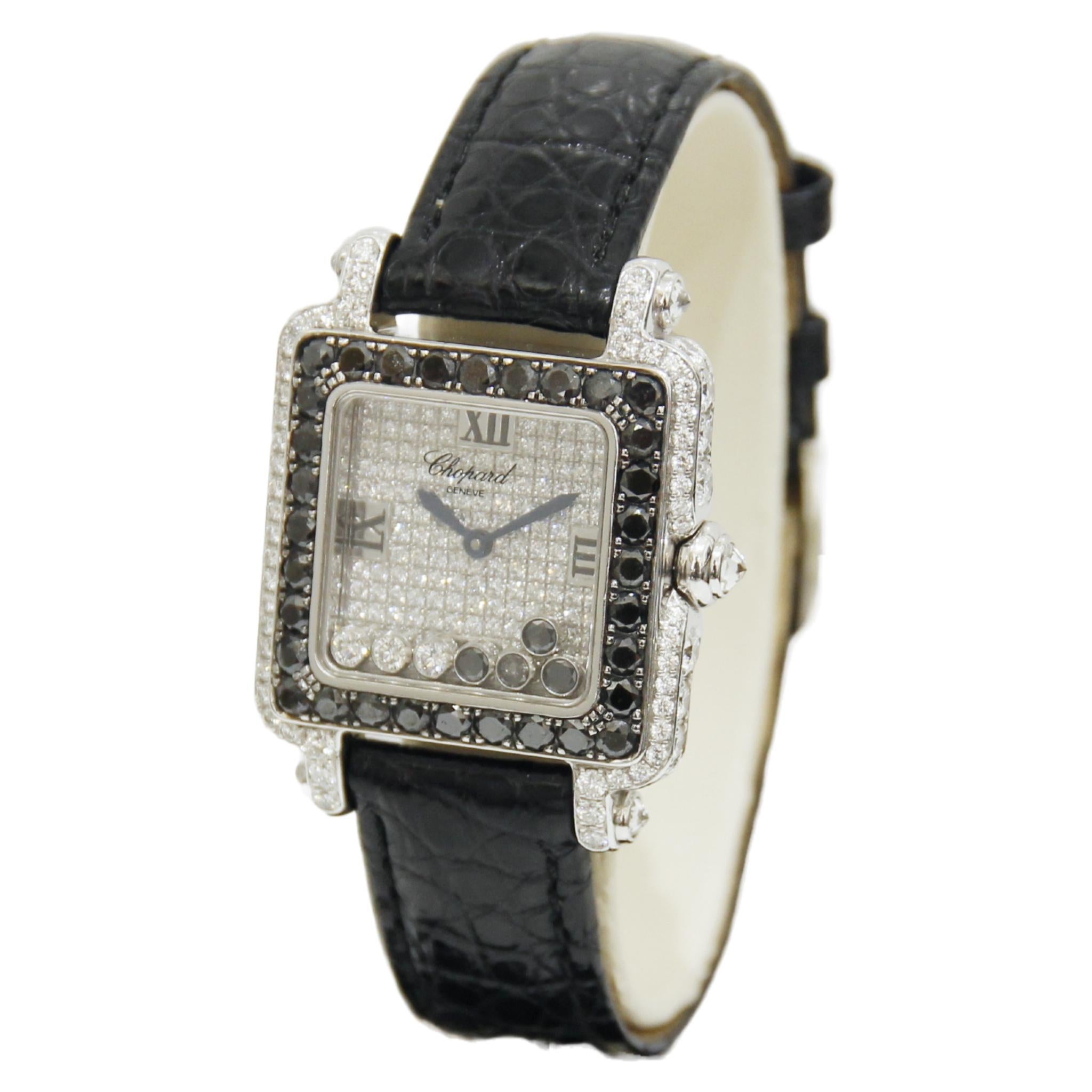 Brand: Chopard 
Model: Happy Sport
Reference number:  27/6730-50
Movement: Quartz 
Case Material: White Gold
Bracelet material: Black Alligator Strap
Condition: Pre Owned, Fair (Shows some signs of wear)
Scope of delivery: No Original Box, No