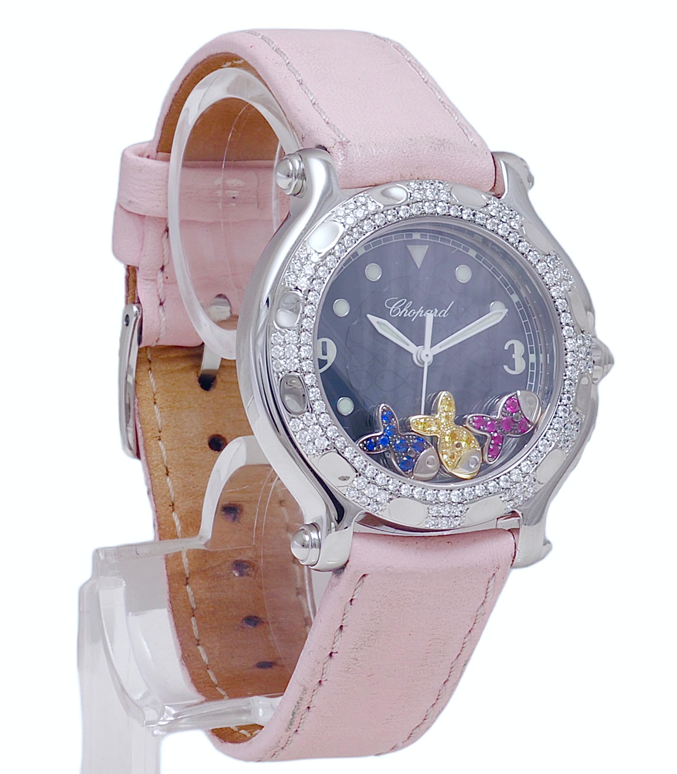 Taille brillant Chopard Happy Sport avec poisson flottant en diamants et quartz, 32 mm en vente