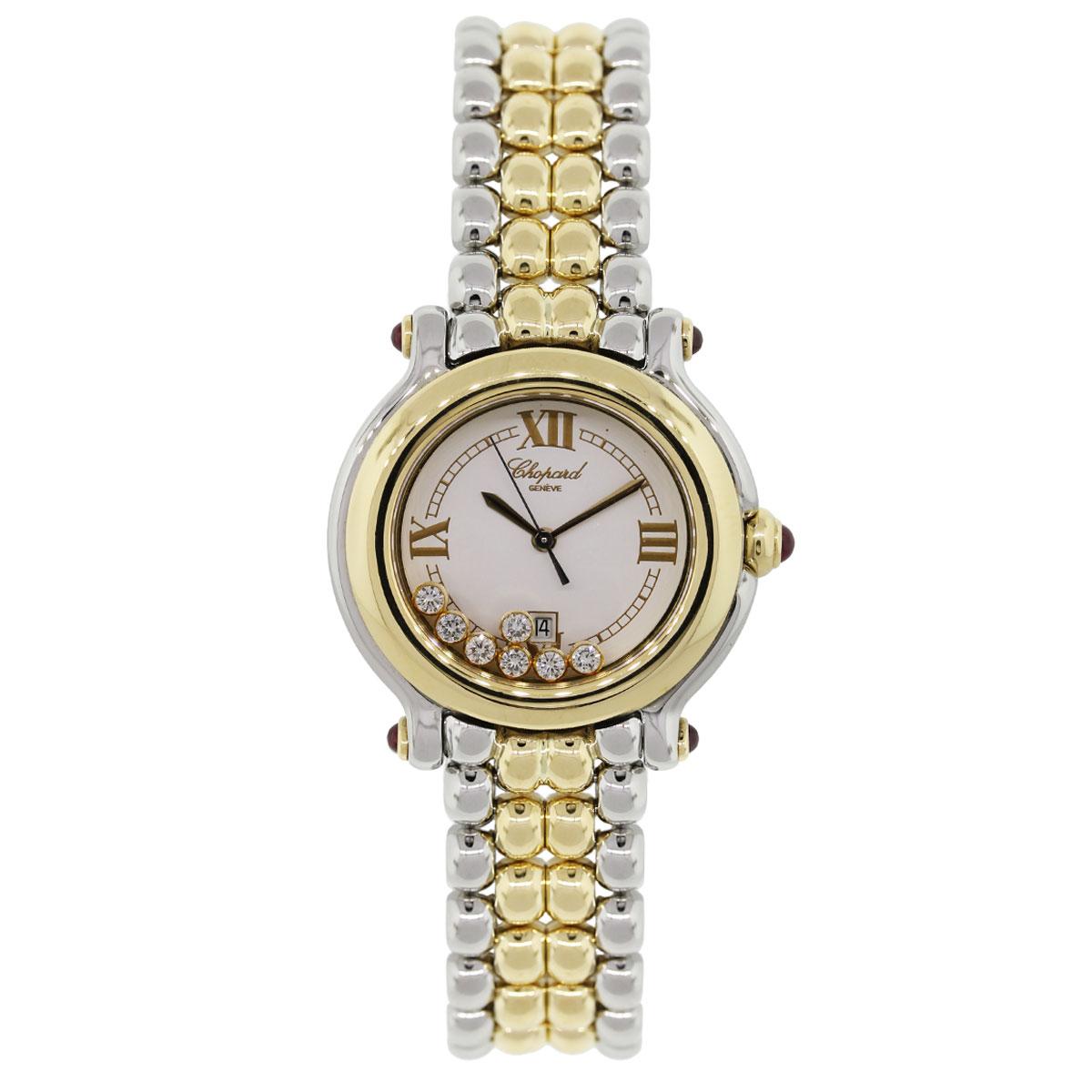 Brand: Chopard
Model: Happy Sport
Case Material: Stainless Steel
Case Diameter: 32mm
Bezel: Smooth 18k yellow gold bezel
Dial: White dial with floating diamonds
Bracelet: 18k yellow gold and stainless steel band
Crystal: Sapphire
Size: Will fit up