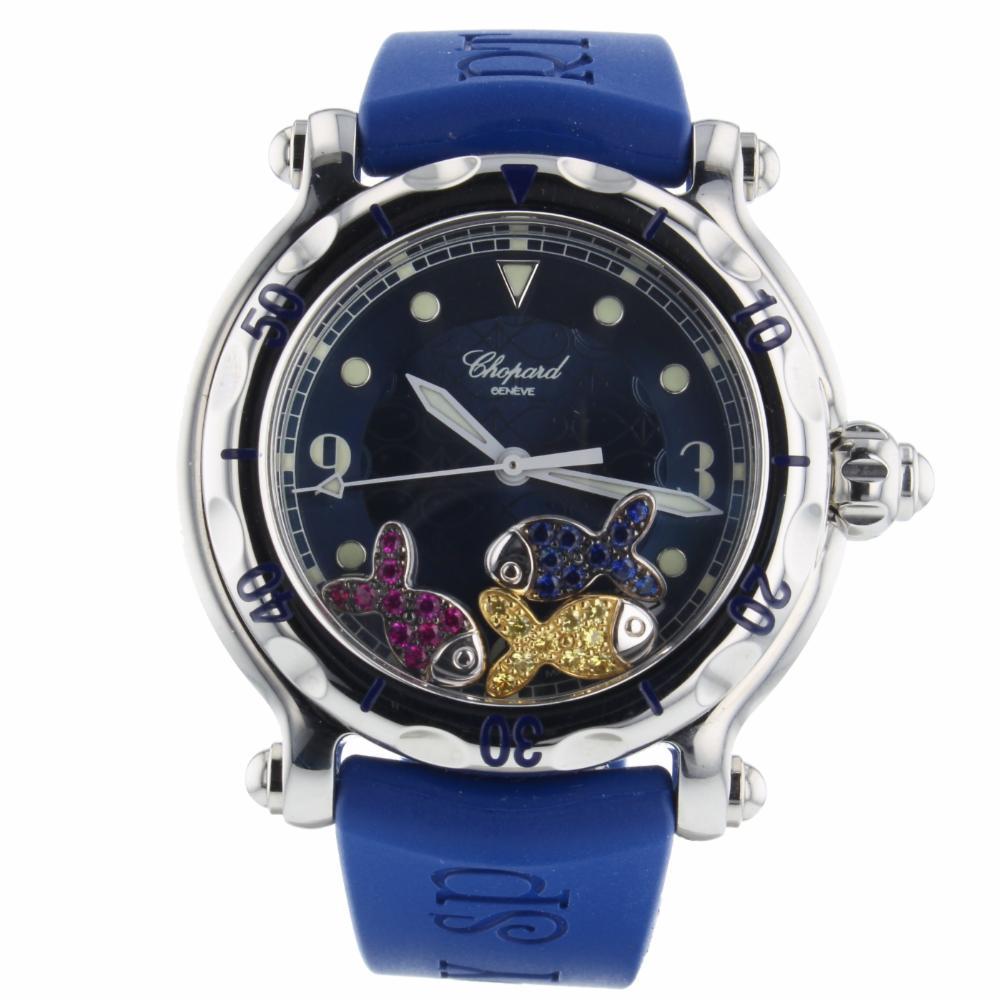 Chopard Happy Sports Fish Steel Watch 8347 Pave Sapphires and Ruby Fish