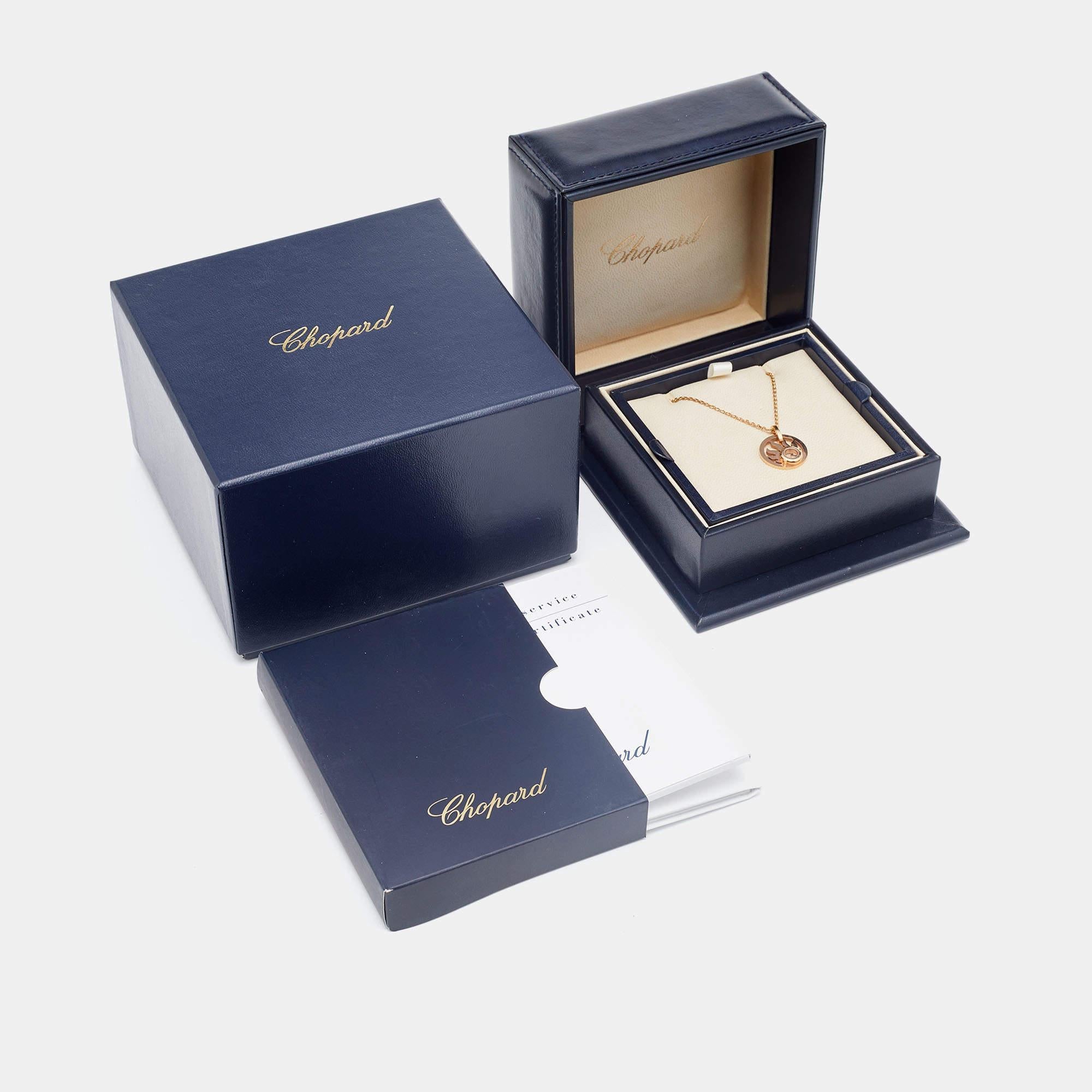 This necklace from Chopard imparts elegance through its distinctive design. It speaks of impeccable style and ultimate luxury. Flaunt your discerning fashion taste by buying this Happy Sun beauty today!

Includes: Authenticity Card, Original Box,