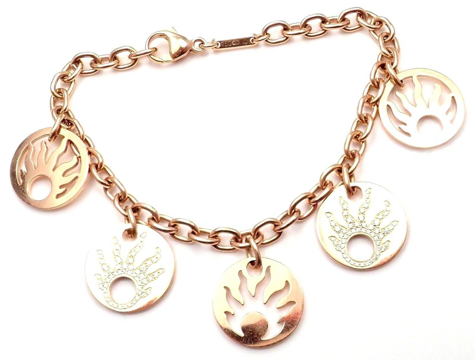 18k Rose Gold Happy Sun Diamond 5 Charms Link Bracelet by Chopard. 
With 120 round brilliant cut diamonds VS1 clarity, G color total weight approx. 1.20ct
Details: 
Length: 7.25 inches
Width: 5mm chain
Weight: 26.9 grams
Stamped Hallmarks: Chopard