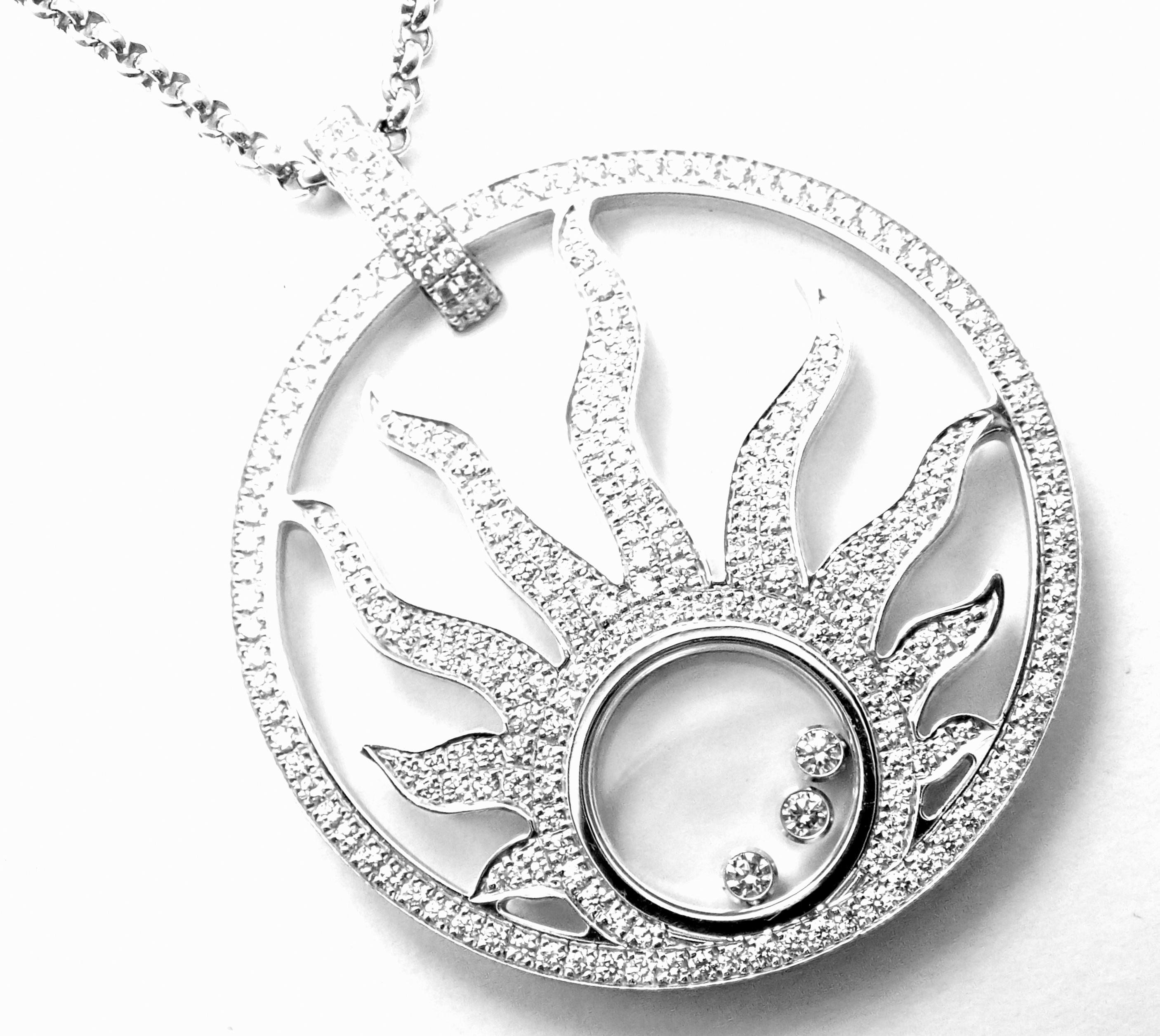 18k White Gold Happy Sun Diamond Large Pendant Necklace by Chopard. 
With Round Brilliant Diamonds = VS1 clarity, G color total weight 1.77ct
This necklace comes with Chopard box.
Details: 
Measurements:
Length: 16.5
