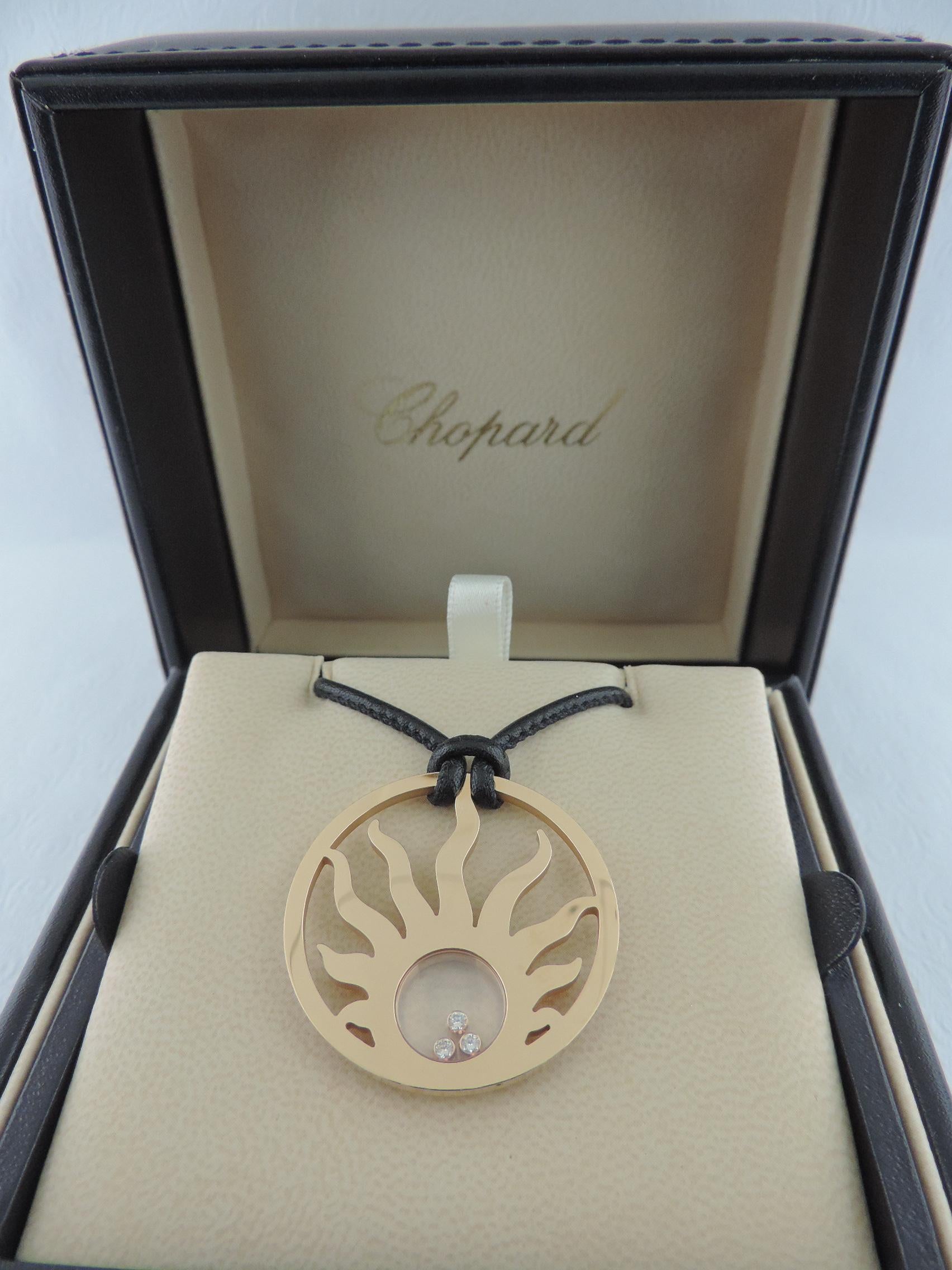 RETAIL LIST PRICE $12,500.



Genuine Chopard Happy Sun Diamond Necklace

3 Round Floating Diamonds Set In 18K Rose Gold Sun Pendant

On 18