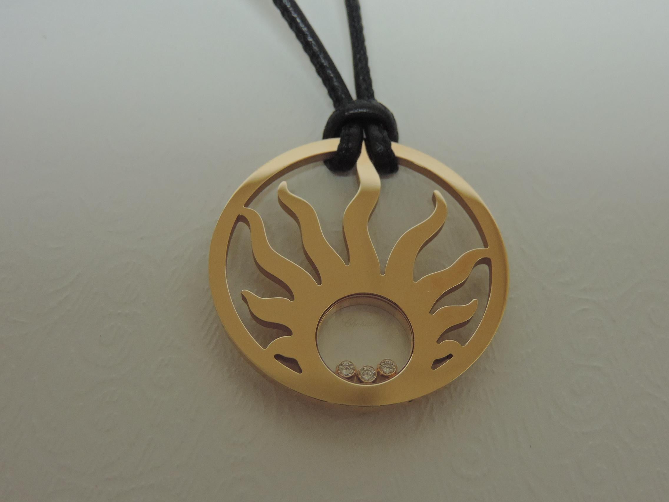 Artisan Chopard Happy Sun Diamonds 18 Karat Gold Pendant Necklace on Black Leather For Sale