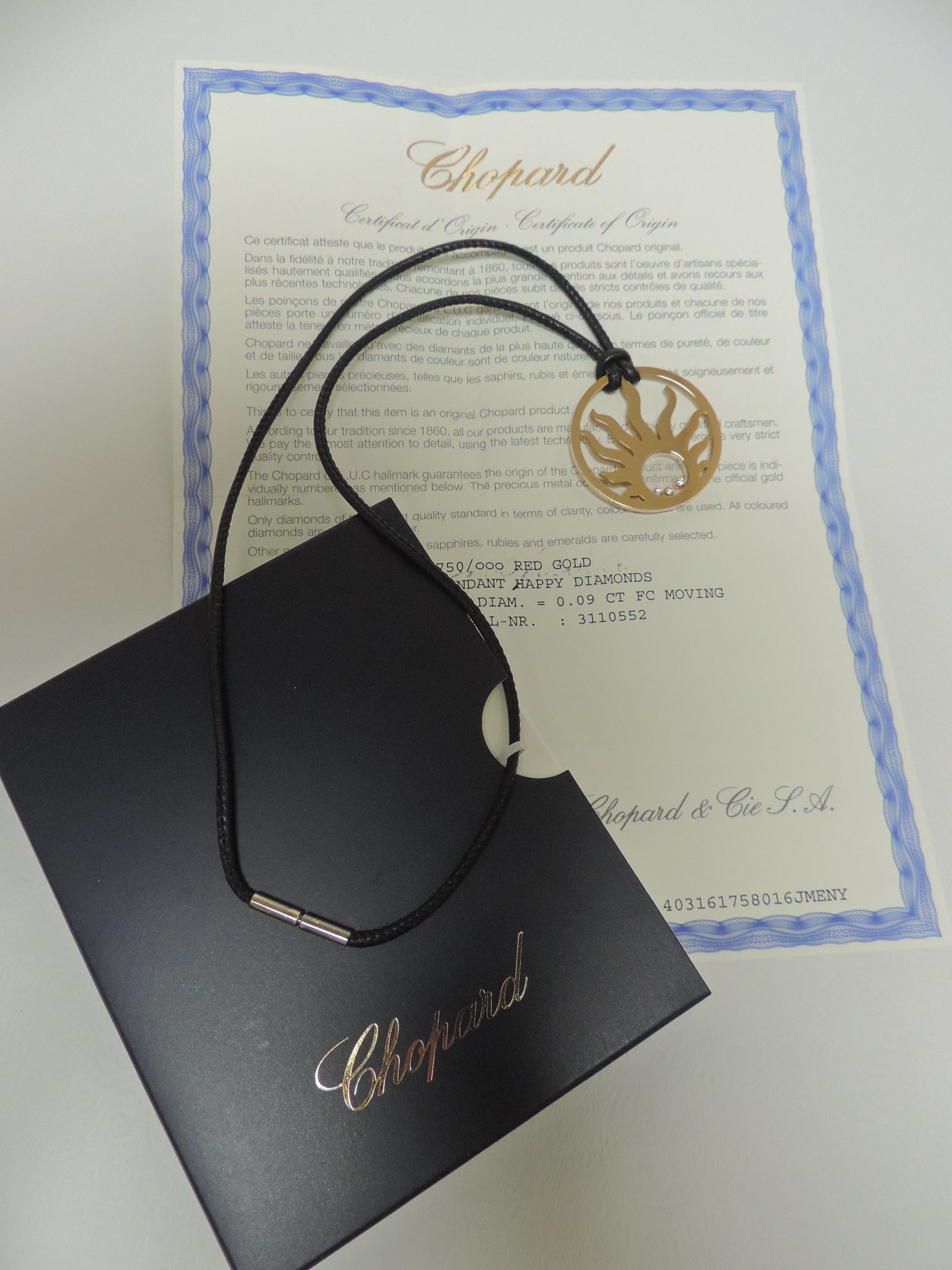 Chopard Happy Sun Diamonds 18 Karat Gold Pendant Necklace on Black Leather For Sale 2
