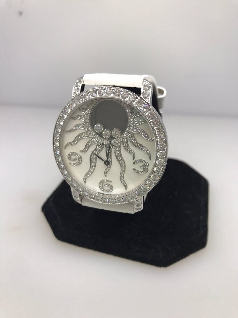Chopard Happy Sun White Gold and Diamond Leather Band Ladies Watch 20/7470 New In