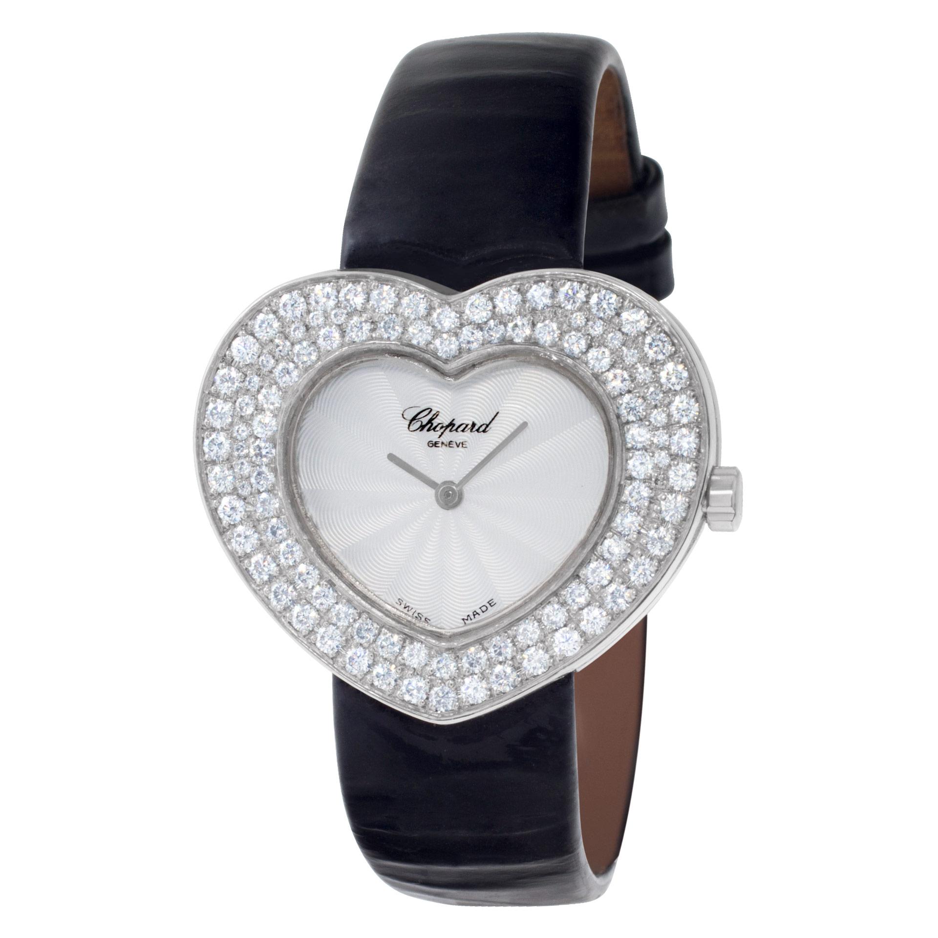 Chopard diamond heart in 18k white gold with custom diamond bezel  with silver guilloche dial on leather strap. Quartz. Ref 5631. Fine Pre-owned Chopard Watch.  Certified preowned Classic Chopard Heart 5631 watch is made out of white gold on a Black