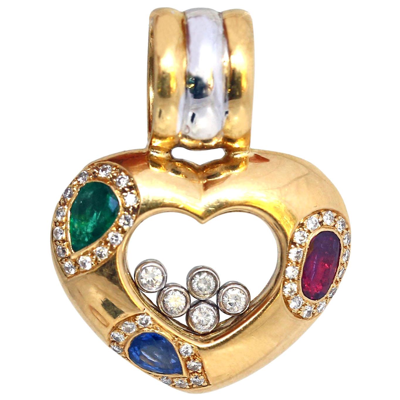 Chopard Happy Diamonds Heart Pendant Emerald Ruby Sapphire Box, 1980