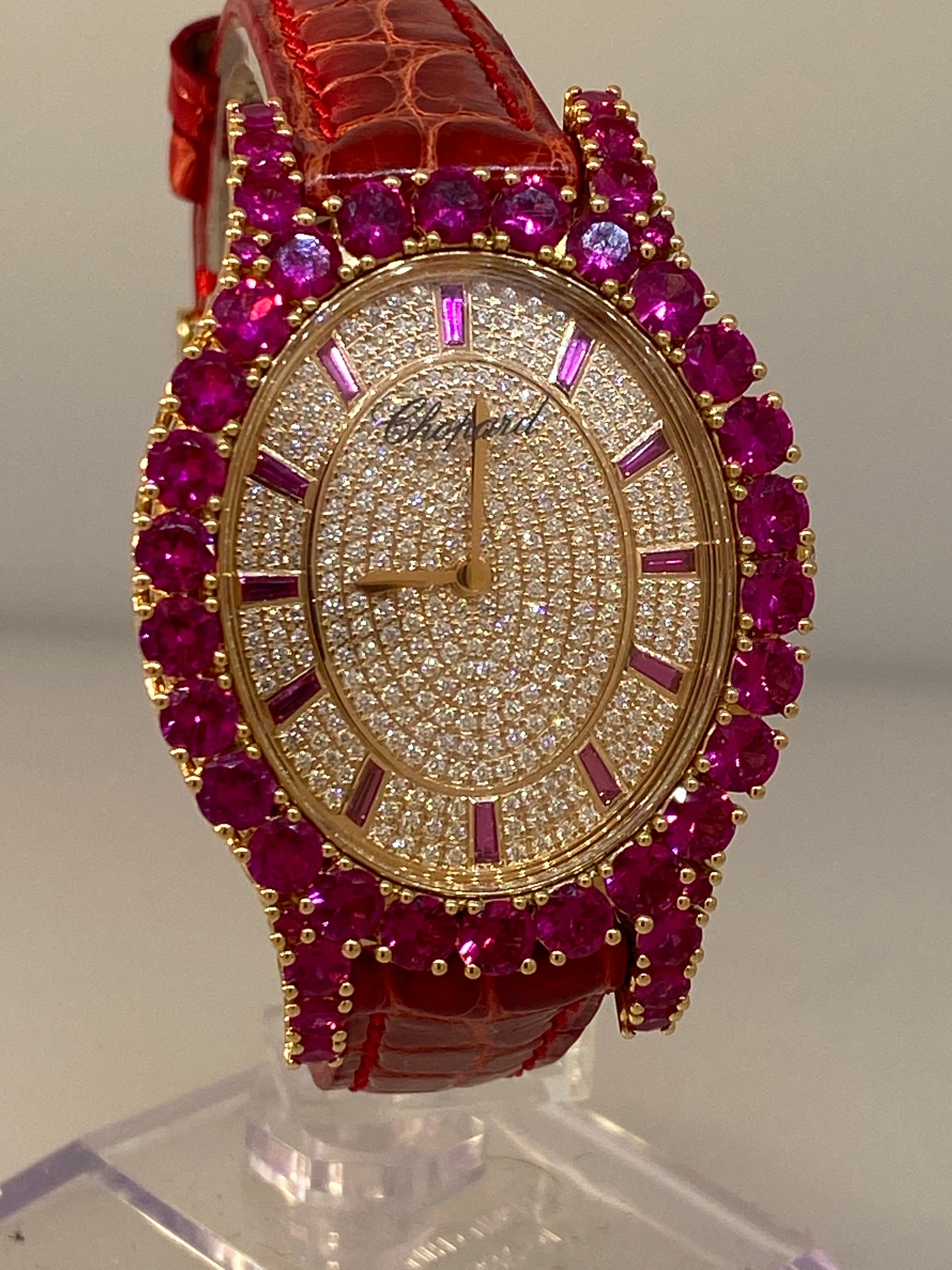 Chopard Heure du Diamant Rose Gold Pave Diamond and Rubies Ladies Watch 13/9383 In Excellent Condition For Sale In New York, NY