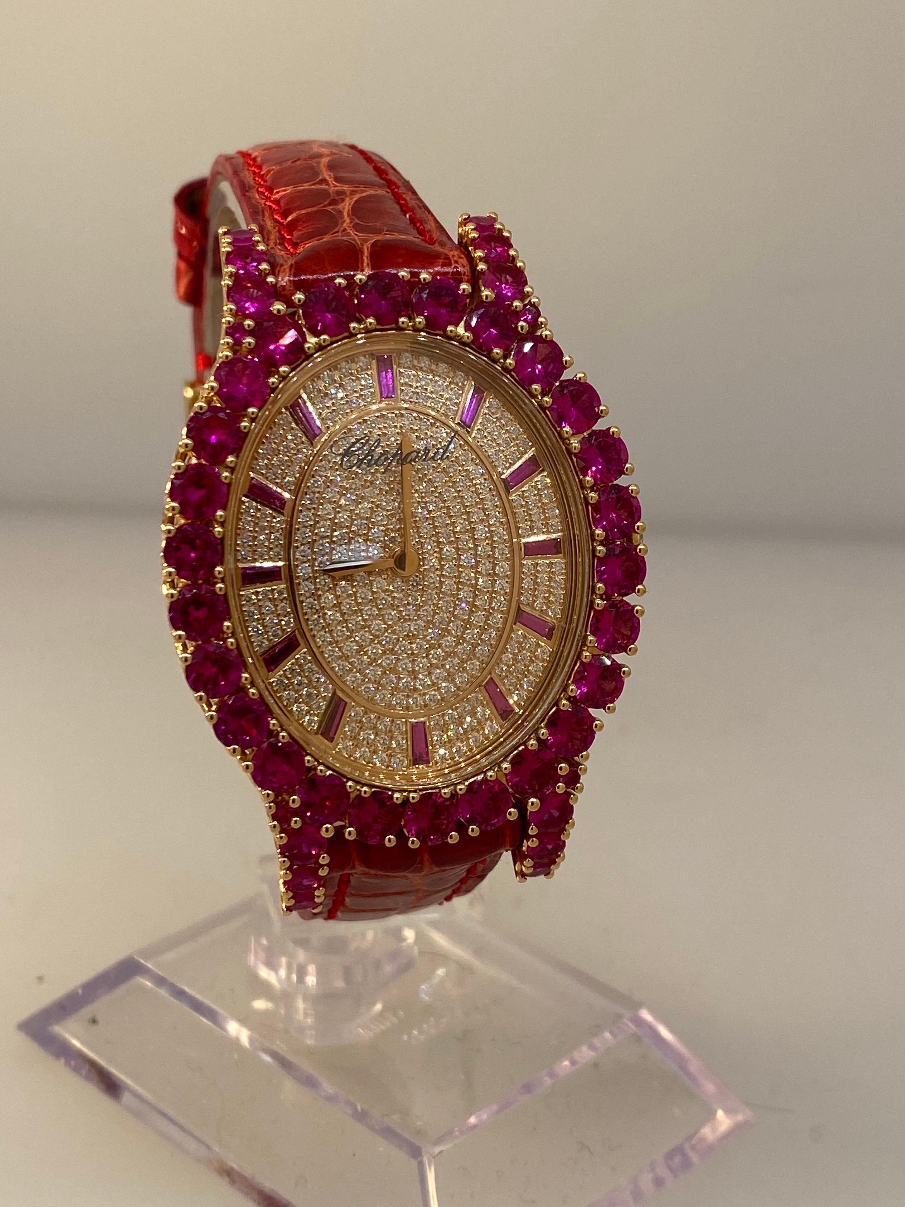 Women's Chopard Heure du Diamant Rose Gold Pave Diamond and Rubies Ladies Watch 13/9383 For Sale