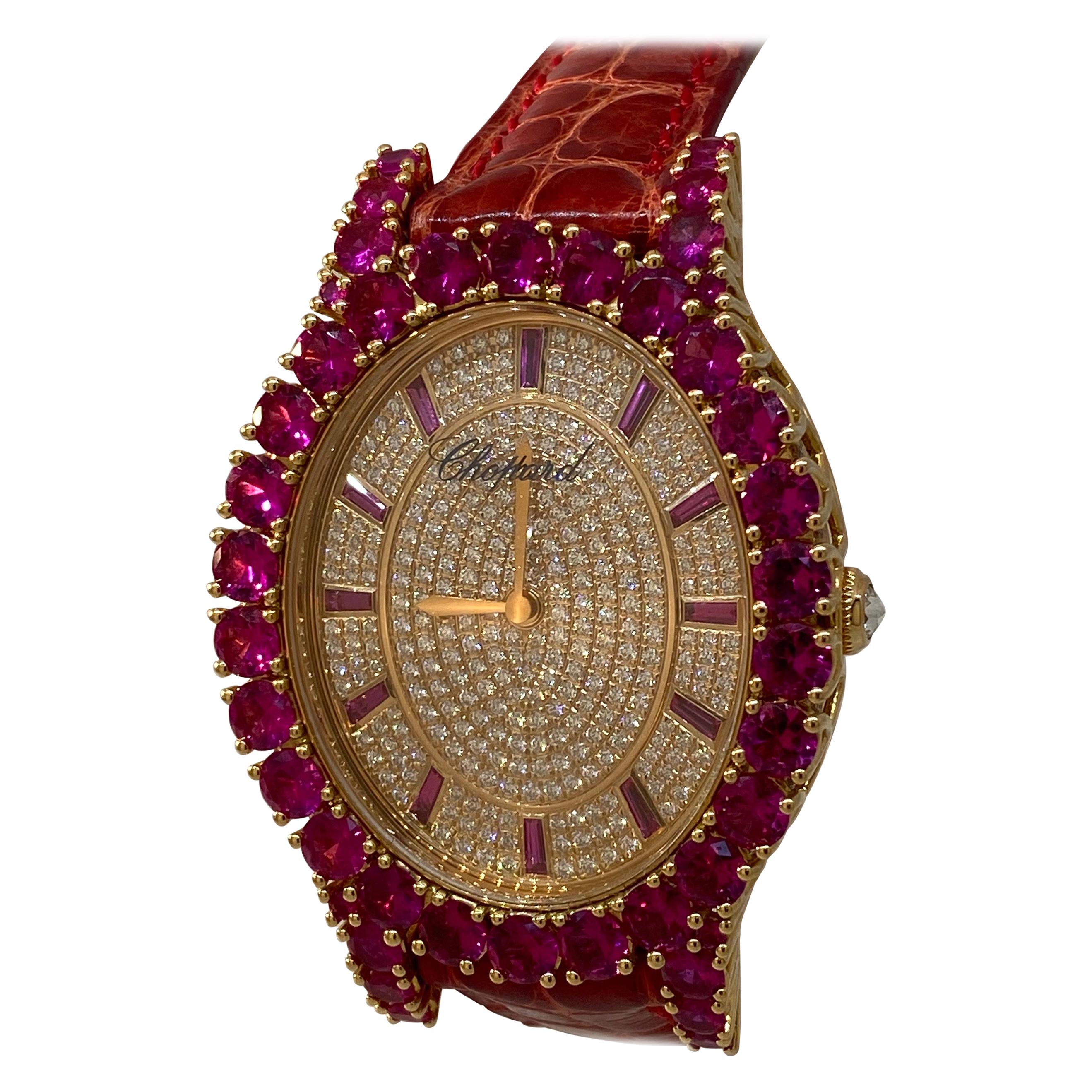 Chopard Heure du Diamant Rose Gold Pave Diamond and Rubies Ladies Watch 13/9383 For Sale