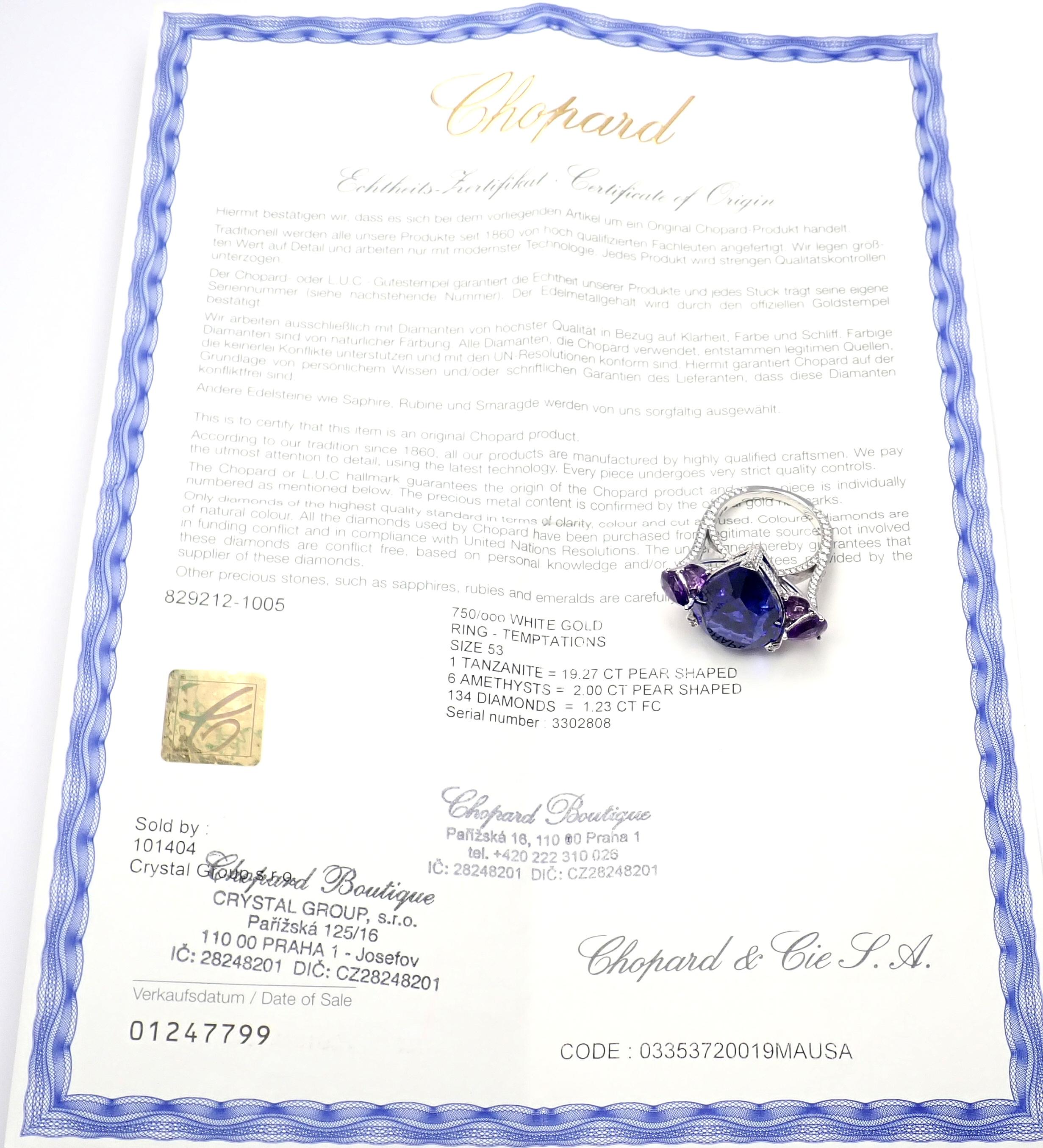 Bague en or blanc 18 carats avec diamant, grande tanzanite et améthyste de la collection High Jewelry de Chopard. 
Cette bague est accompagnée d'un certificat Chopard et d'un coffret Chopard.
Cette bague est issue de la collection Calleal et