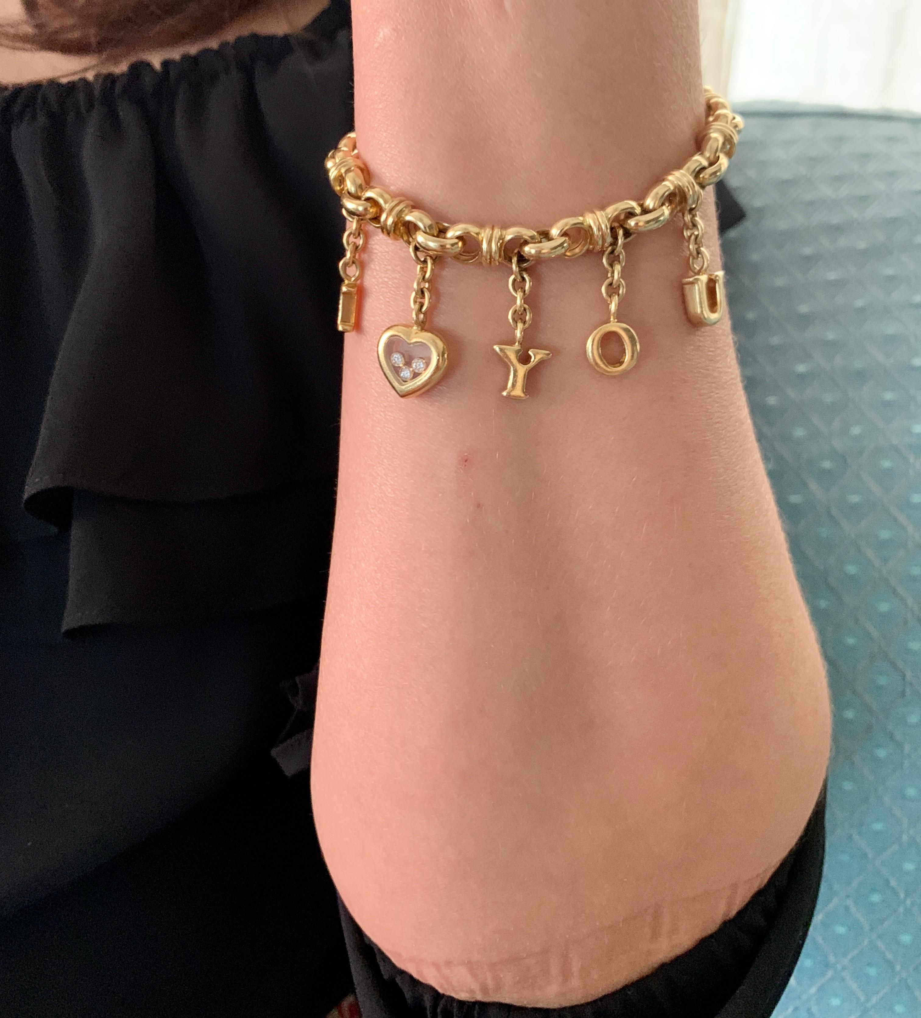Women's Chopard I Love You  Drop Charm Bracelet  18 Karat Yellow Gold Floating Diamonds