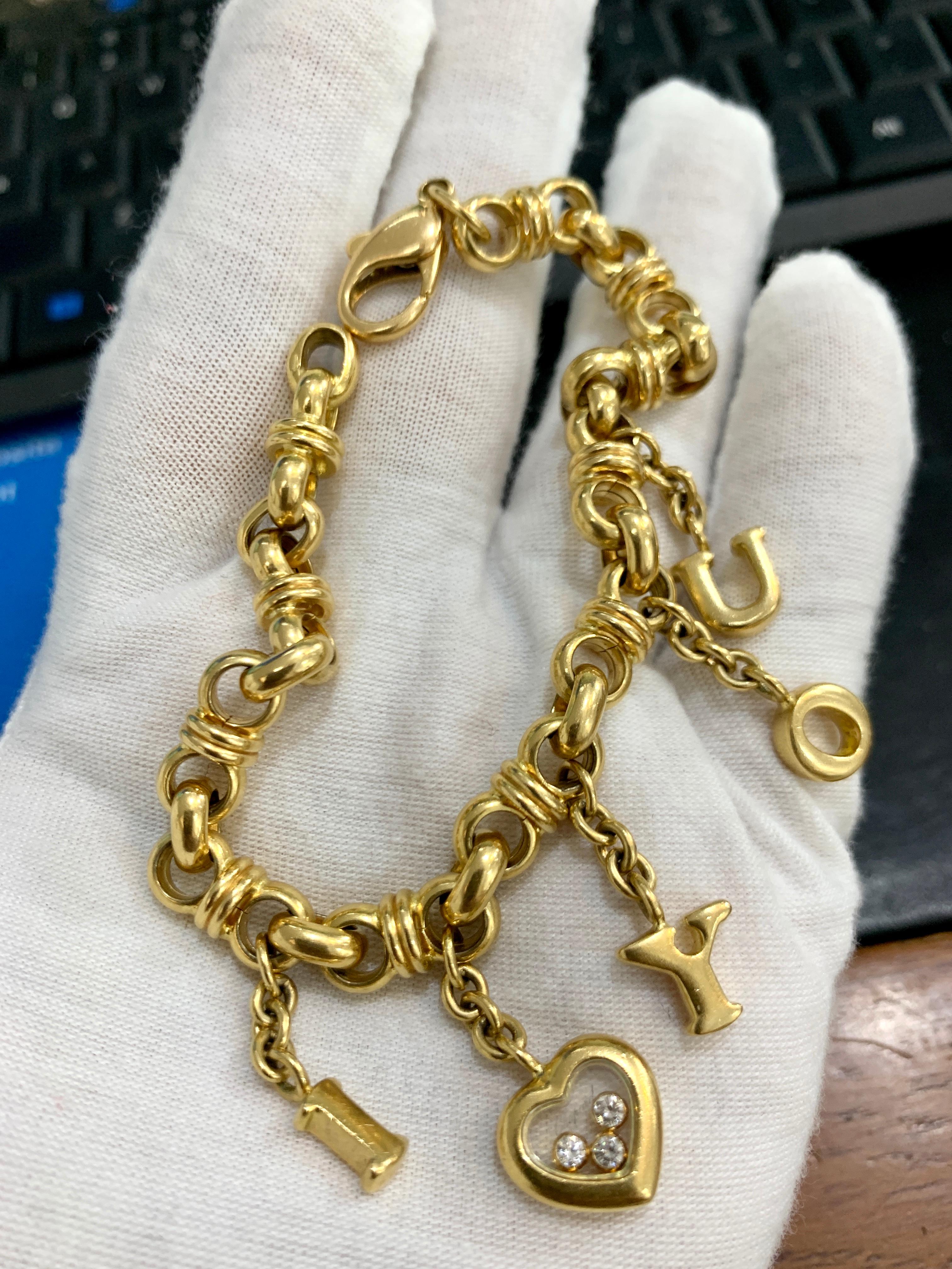  Chopard I Love You  Drop Charm Bracelet  18 Karat Yellow Gold Floating Diamonds In Excellent Condition In New York, NY