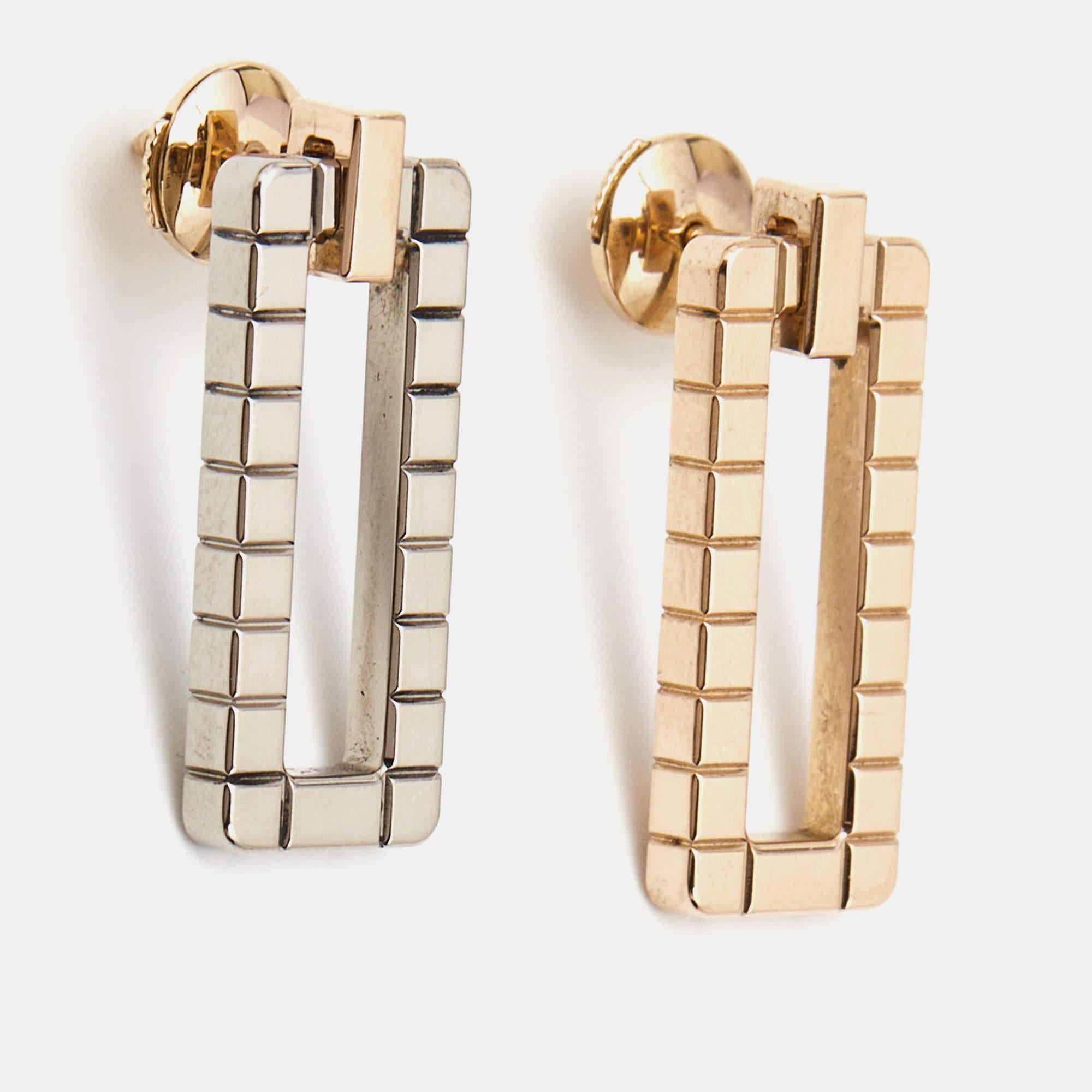 Gift yourself some love with this elegant pair of earrings from Chopard! They have been impeccably sculpted from 18k gold and detailed with textures mimicking ice cubes. The intricate geometrical cube shapes evoke the timeless allure of Chopard,