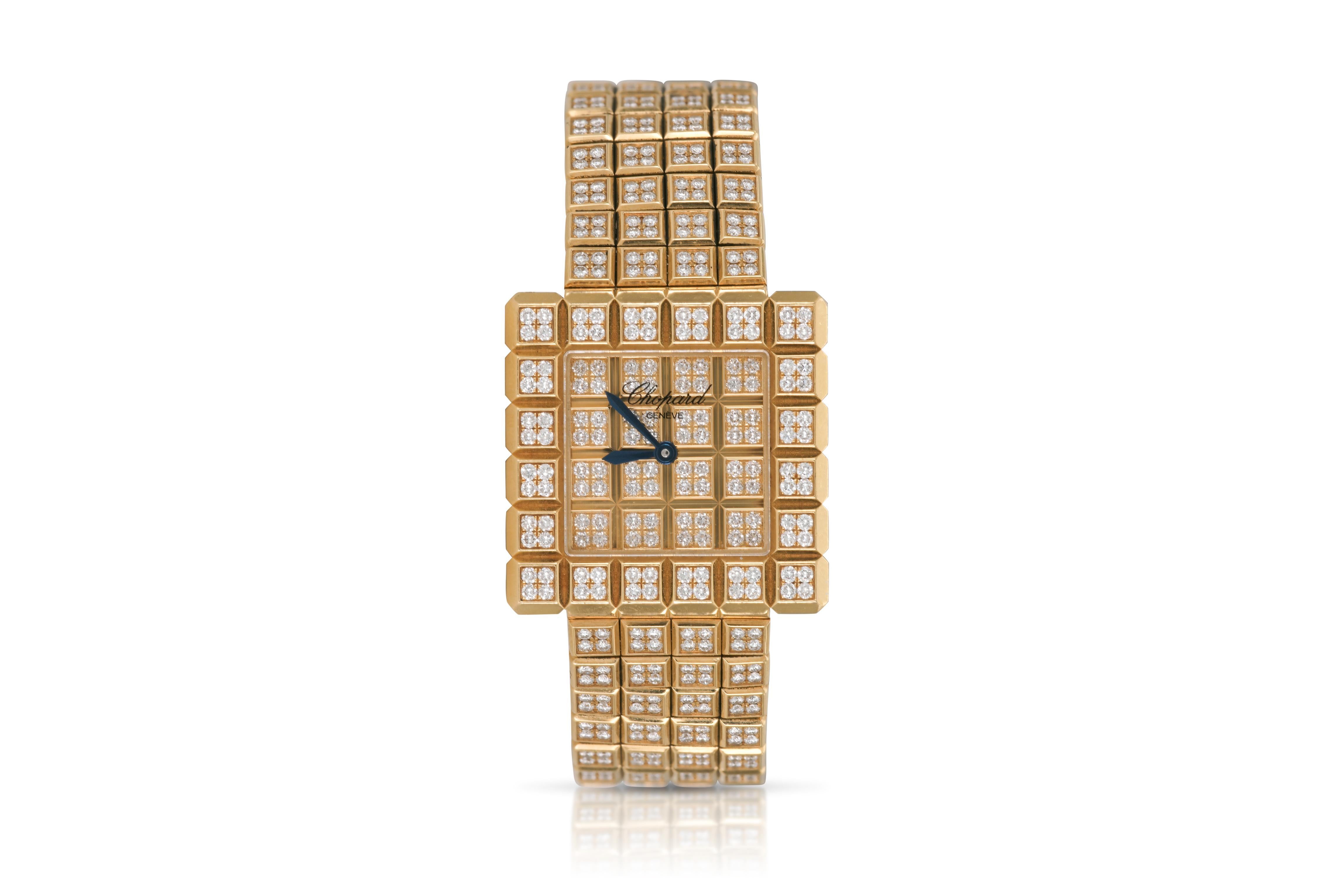 Finely crafted in 18k yellow gold Round Brilliant cut Diamonds weighing approximately a total of 8.90 carats.
Signed by Chopard, from their Ice Cube collection
Model #856
Size 6 inches