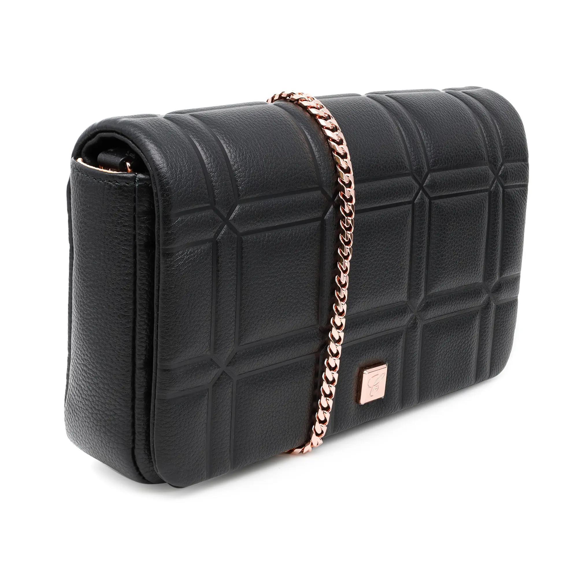 The ultimate elegance of the Ice Cube mini bag is captured in the purity of its lines and the minimalist decoration. Crafted from black calf leather embossed with the iconic Ice Cube motif, it showcases flawless linearity, accentuated by a tiny