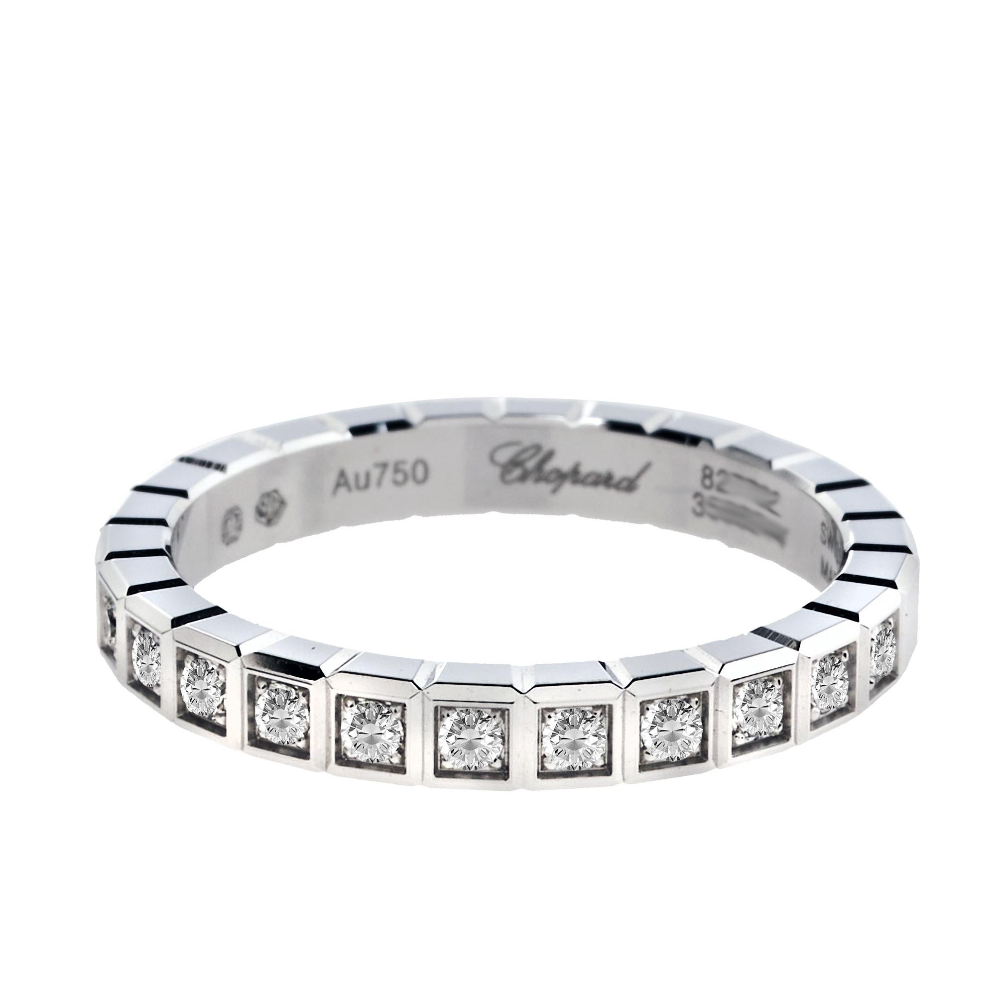 Classic and luxurious, this tasteful Chopard Ice Cube ring showcases modern aesthetics inspired by small blocks of ice. Fashioned in 18k white gold and studded with brilliant-cut diamonds on half of the shank, this stunning ring is the epitome of