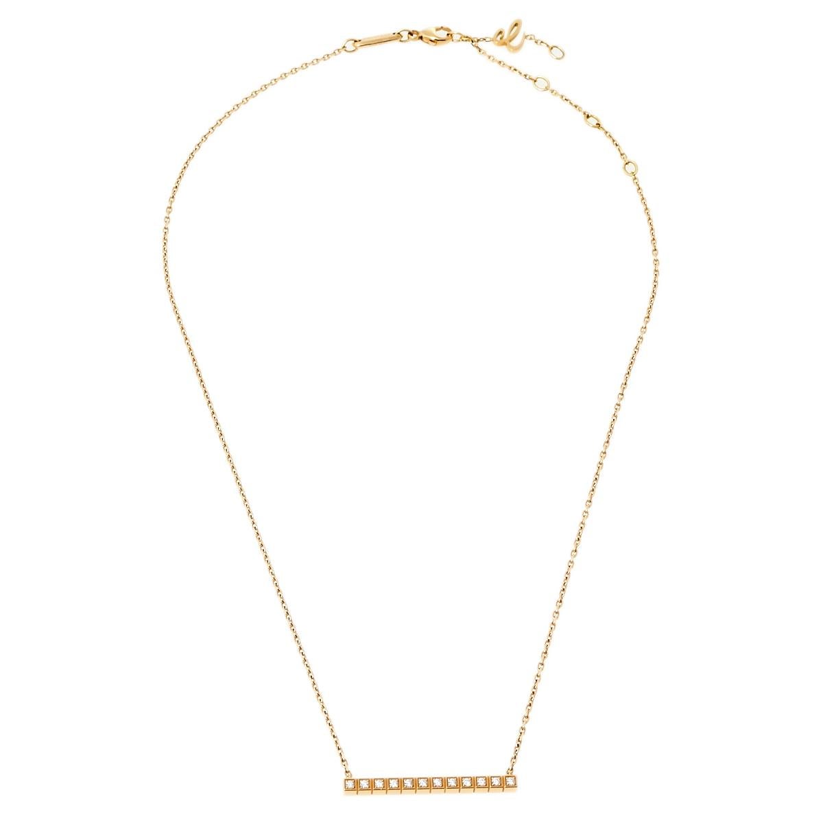 Chopard's Ice Cube collection has delivered some of the most luxurious jewelry pieces since 1999. Minimal yet classic, this tasteful Chopard Ice Cube necklace is made from 18k yellow gold. It has a simple chain and a stunning pendant embedded with