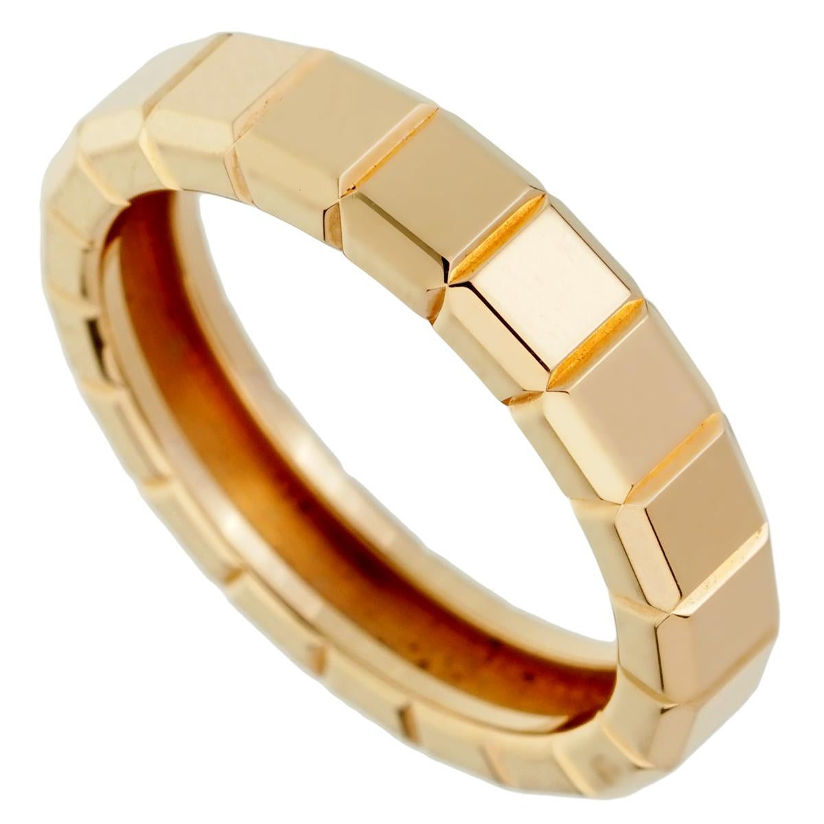 A chic Chopard band ring from the iconic Ice Cube collection showcases warm 18k rose gold panels catching light from all angles.

Size 6 3/4

Sku: 1731