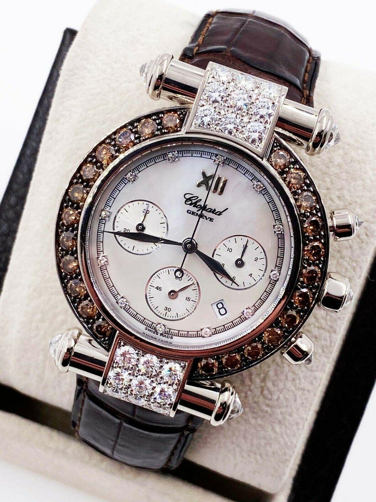 tyle Number:  1215 37 / 3168-52 

 

Model: Imperiale

 

Case Material: 18K White Gold

 

Band: Leather

 

Bezel: Chocolate Diamond Bezel

 

Dial: Original Blue Mother of Pearl with Diamonds

 

Face: Sapphire Crystal

 

Case Size: 36mm

