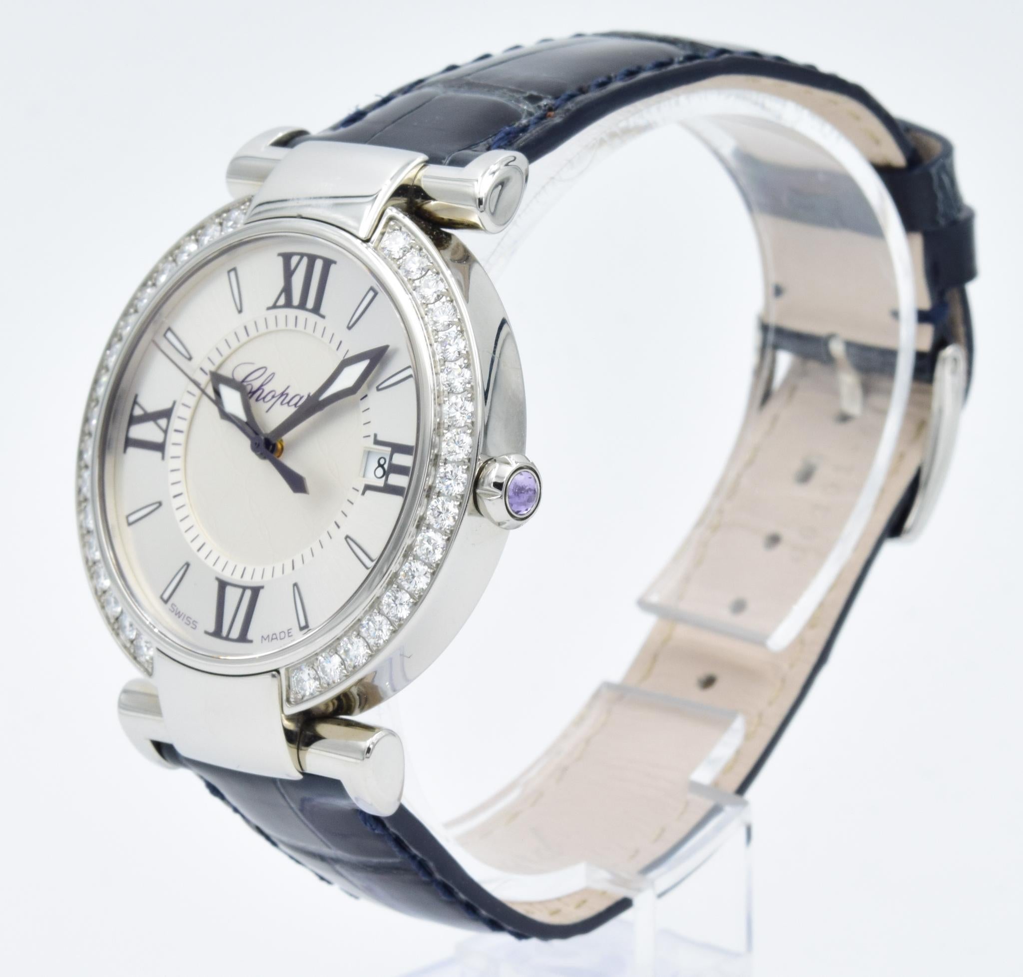 This Chopard Imperiale Ladies watch is brand new in our case and comes with the full box, papers, and factory warranty. Each year we choose a few items to post online for inventory turn purposes and this happens to be one of them.  This is a quartz