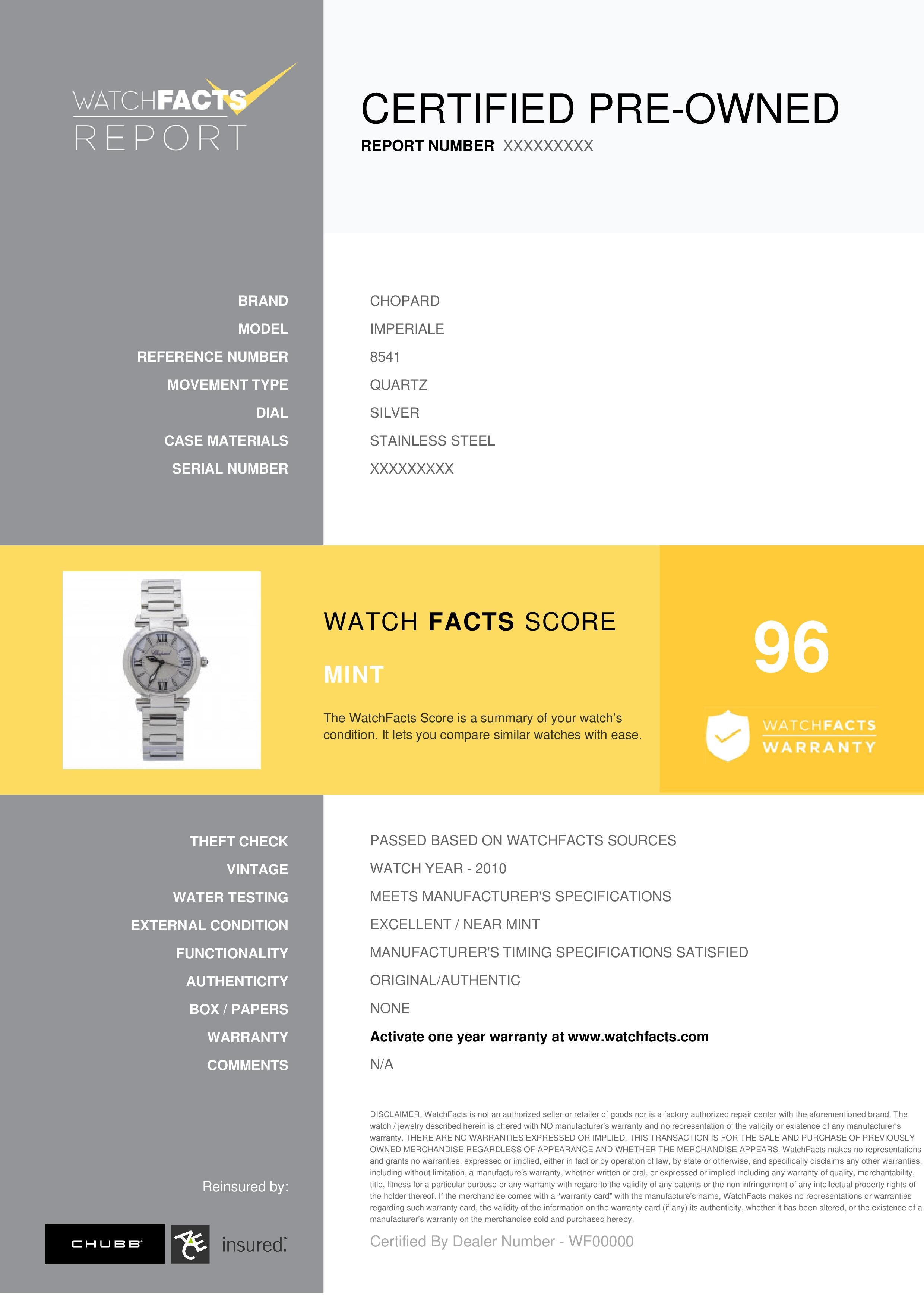 Chopard Imperiale Reference #: 8541. Womens Quartz Watch Stainless Steel Silver 28 MM. Verified and Certified by WatchFacts. 1 year warranty offered by WatchFacts.
