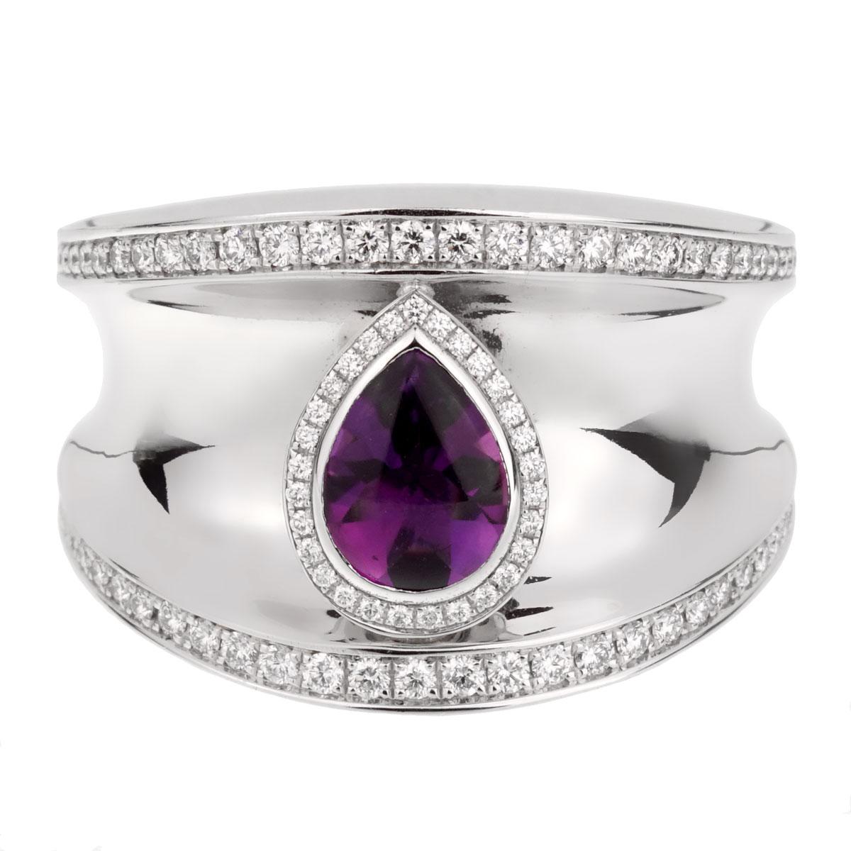 A magnificent Chopard diamond and amethyst ring from the Imperiale collection, the ring showcases 1 Amethyst bezel set adorned with round brilliant cut diamonds. Both edges of the Chopard band are also lined with round brilliant cut diamonds. The