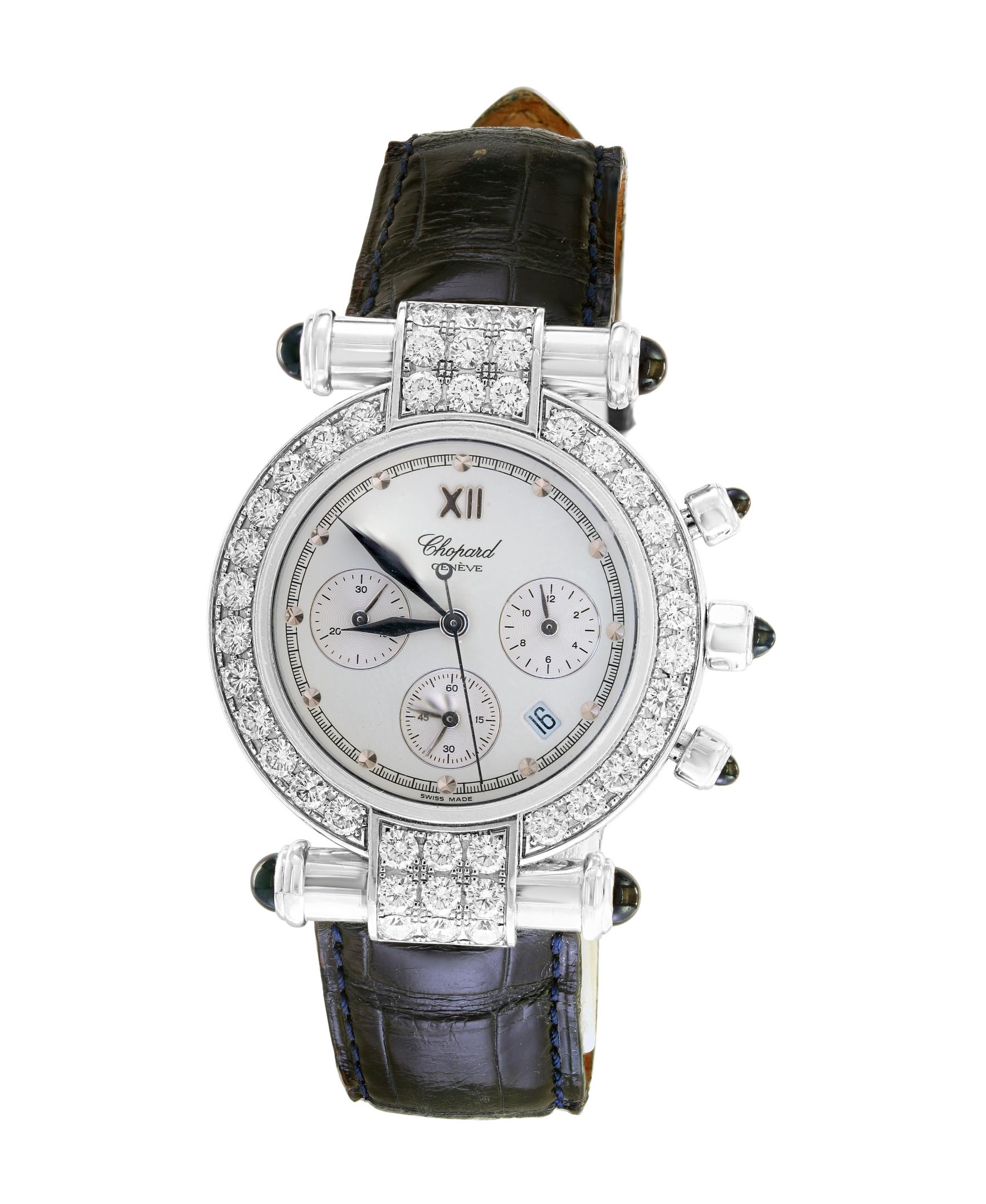 Chopard Imperiale Chronograph Diamond Bezel 18 Karat Gold Black Leather  Watch at 1stDibs