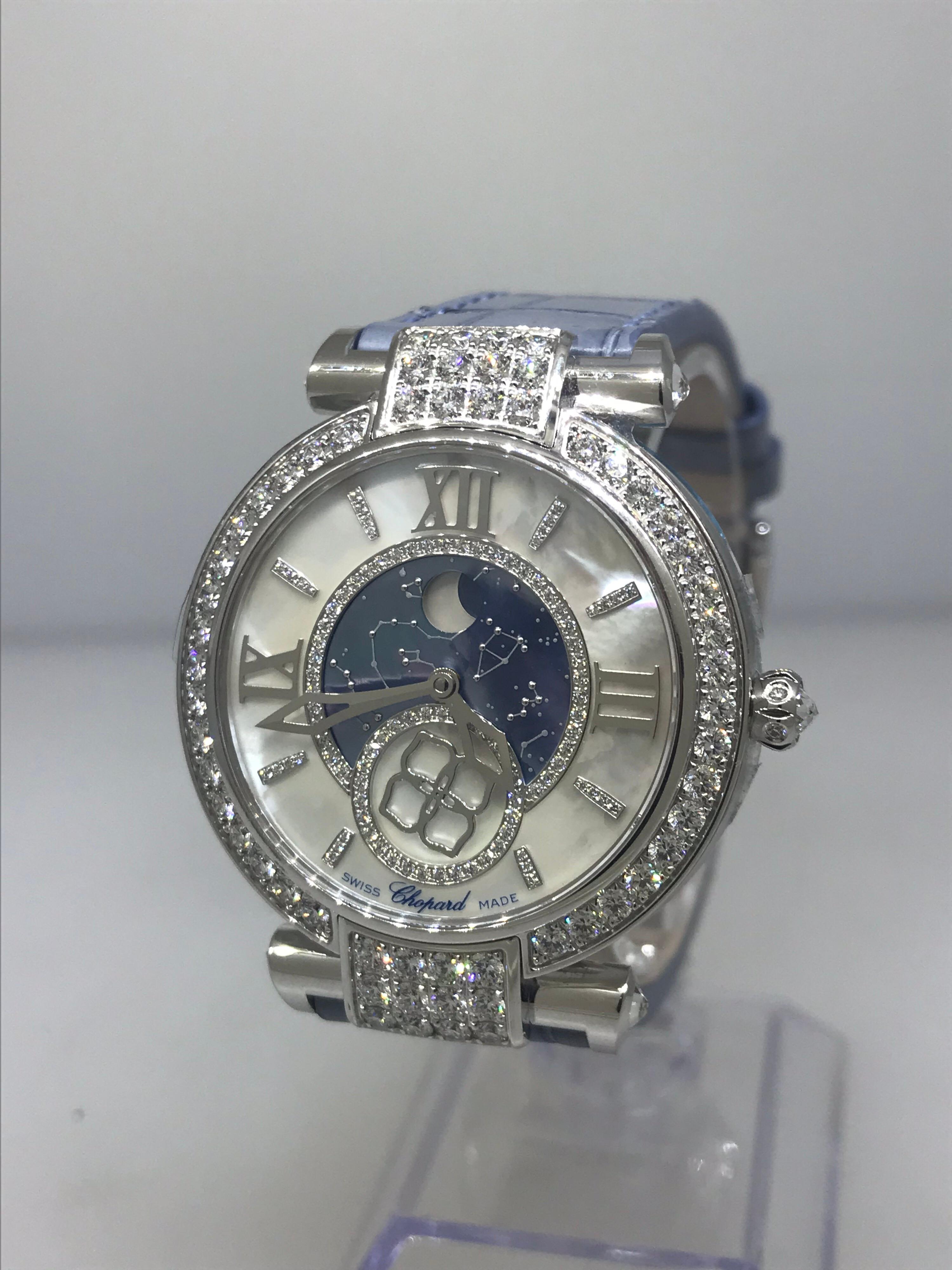 Chopard Imperiale Moonphase Ladies Watch

Model Number: 38/4246-1001

100% Authentic

Brand New 

Comes with original Chopard box, certificate of authenticity and warranty and instruction manual

18 Karat White Gold Case & Buckle

Diamond