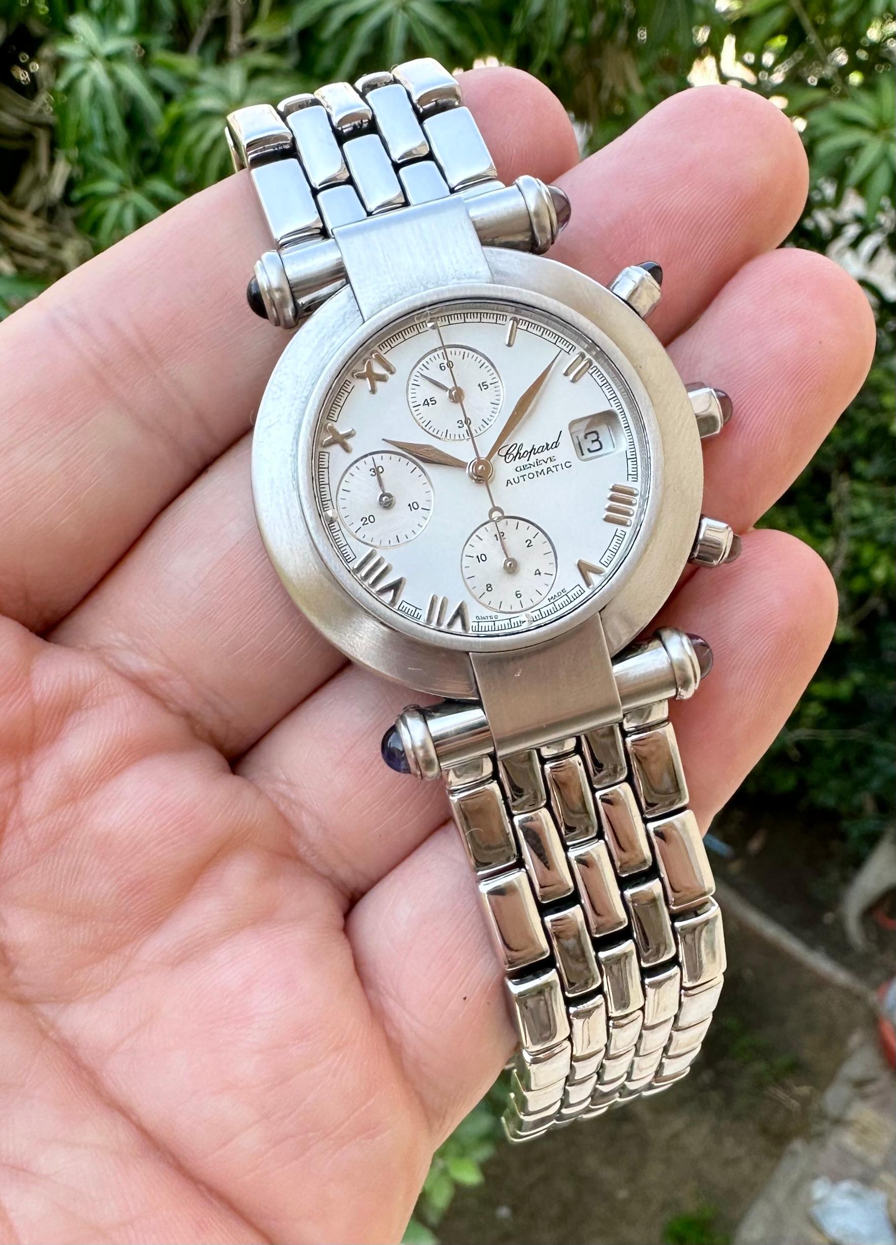 Description
Brand: Chopard

Model: Imperiale

Reference Number: 8219

Country Of Manufacture: Switzerland

Movement: Automatic

Case Material: Stainless steel

Measurements : Case width: 37 mm. (without crown)

Band Type :Adjustable Stainless Steel
