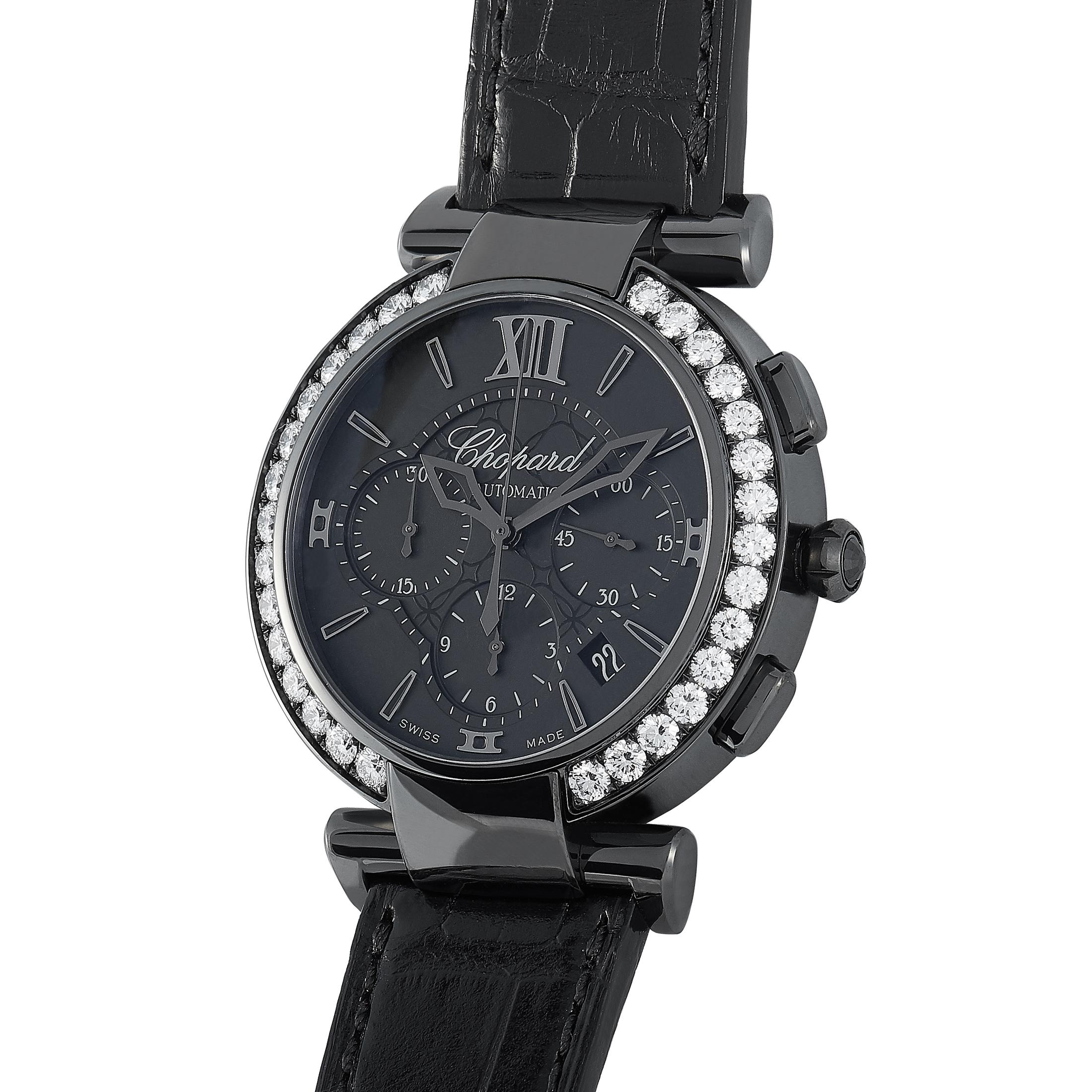 The Chopard Imperiale timepiece, reference number 388549-3008, is a member of the esteemed “Imperiale” collection.

The watch is presented with a black DLC-coated stainless steel case that boasts a diamond-set bezel. The case measures 40 mm in