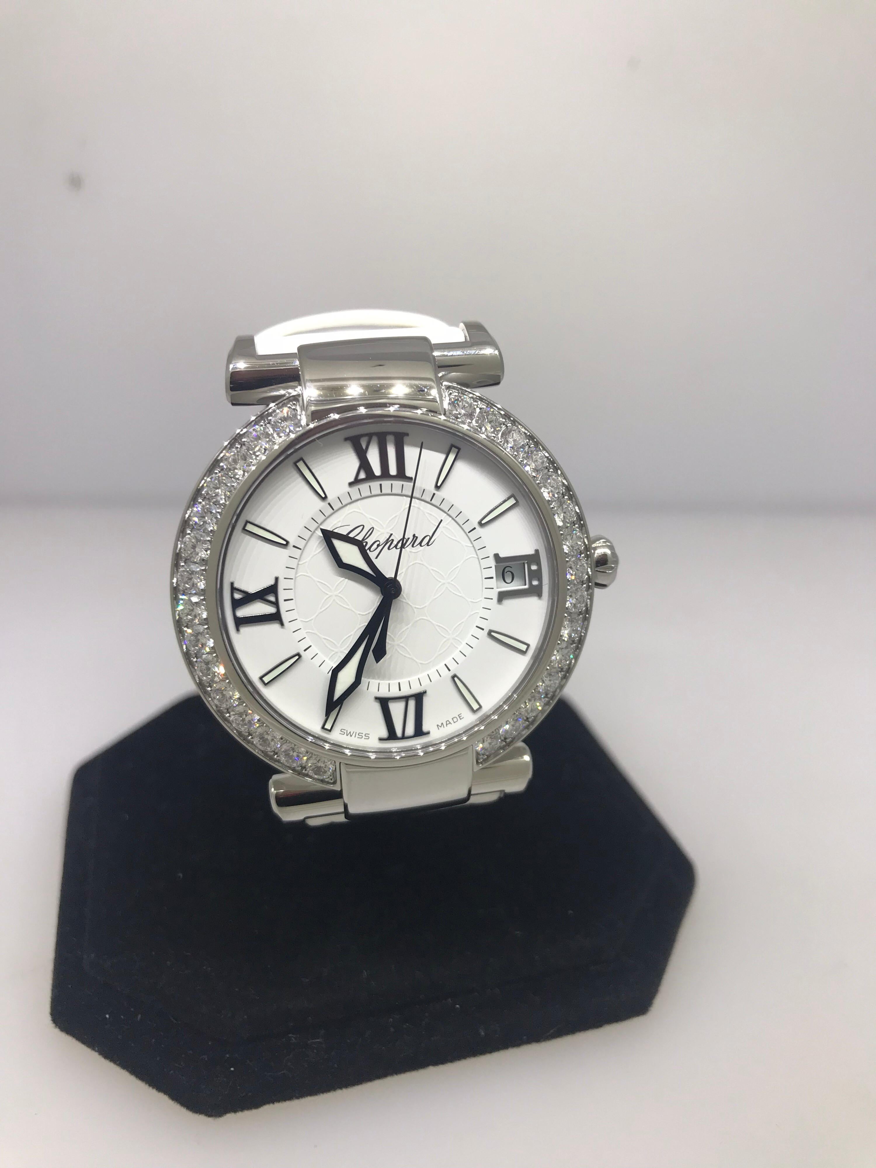 Chopard Imperiale Ladies Watch

Model Number: 38/8531-3008

100% Authentic

Brand New

Comes with original Chopard Box, Certificate of Authenticity & Warranty, and Instruction Manual

Stainless Steel Case & Buckle 

Bezel set with 30 Diamonds (2.41