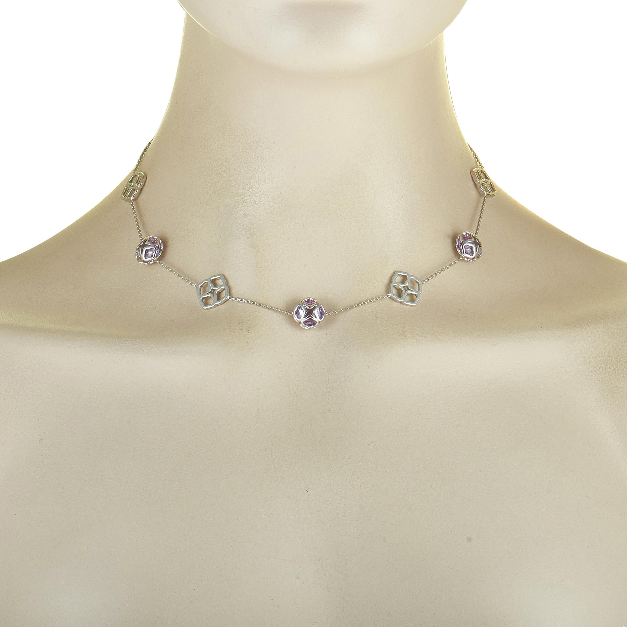 The Chopard “Imperiale” necklace is made out of 18K white gold and amethysts that total 8.22 carats. The necklace weighs 14.2 grams and measures 15” in length.

This jewelry piece is offered in brand new condition and includes the manufacturer’s box