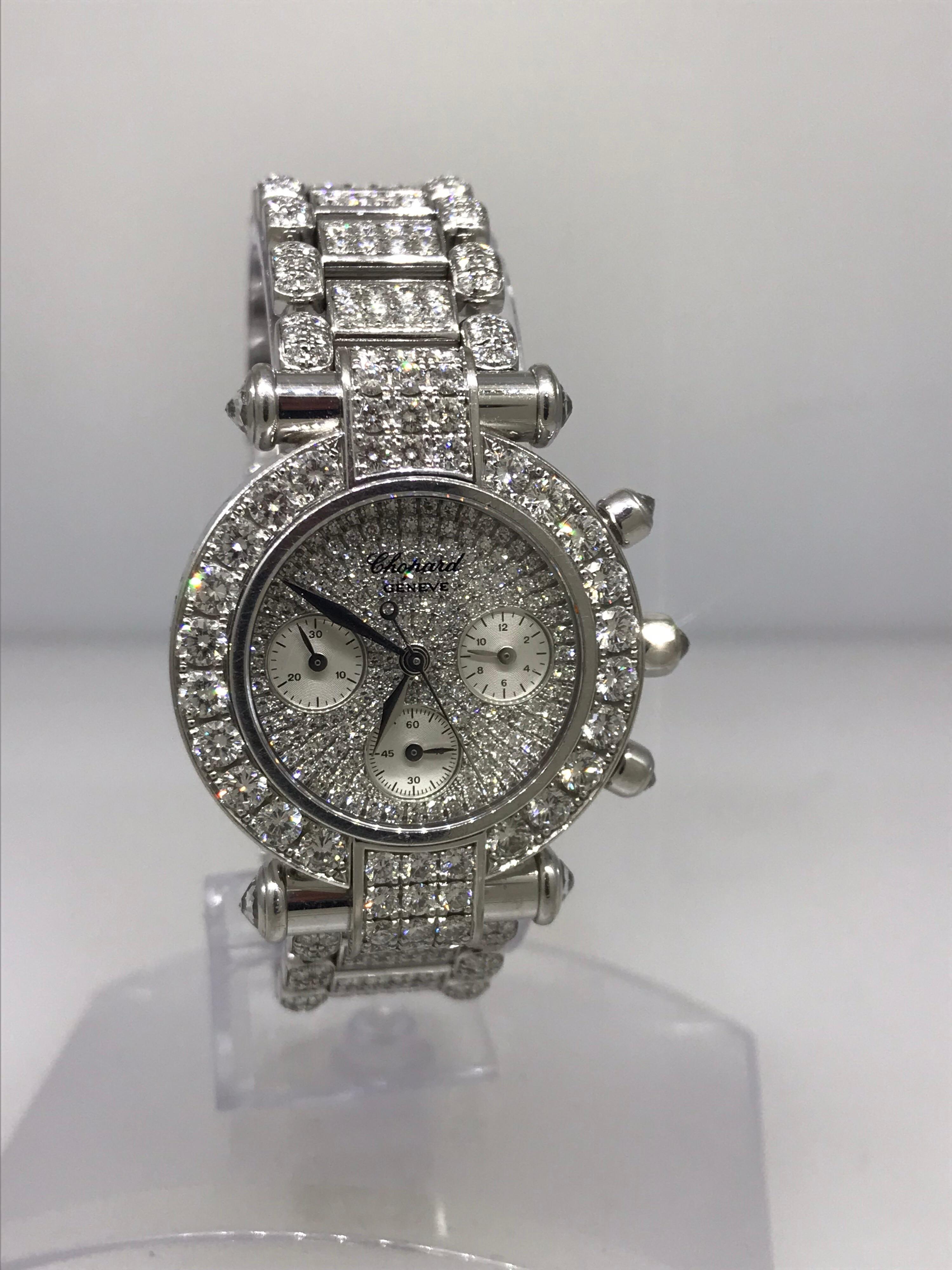 Chopard Imperiale Ladies Watch

Model Number: 38/3212-20

100% Authentic

Pre owned in excellent condition

Comes with an original Chopard box

18 Karat White Gold Case & Bracelet

Pave Diamond Case, Dial & Bracelet

Chronograph

Case Size: