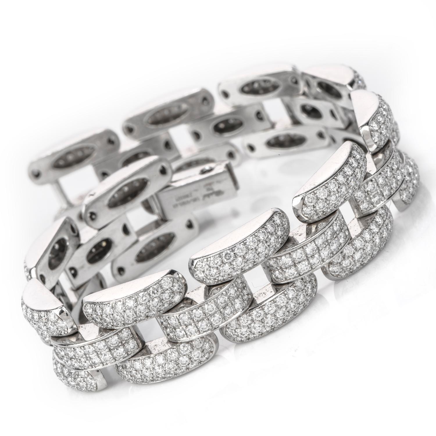 Decorate your wrist extravagantly with this impressive Chopard Diamond 18K White Gold 12ct Pave Link Bracelet.  This designer bracelet is crafted in 18 karat white gold and has approximately 720 icy white genuine diamonds of 12.00 carats,  F-G color