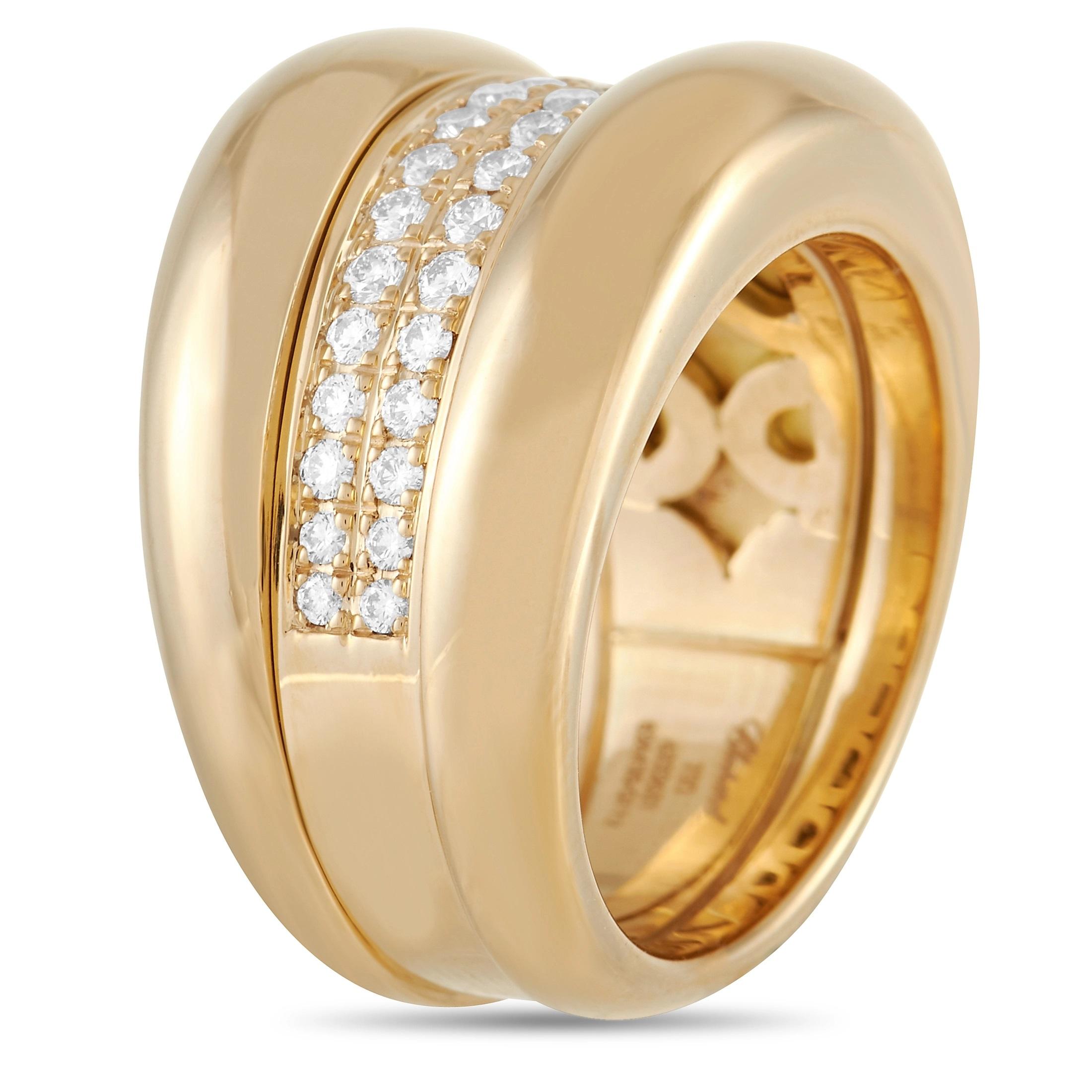Made from 18K Yellow Gold, this glamorous ring from the Chopard La Strada collection is inherently luxurious. At the center of this opulent design, you’ll find dual rows of diamonds totaling 0.63 carats. This exquisite piece measures 10mm wide and