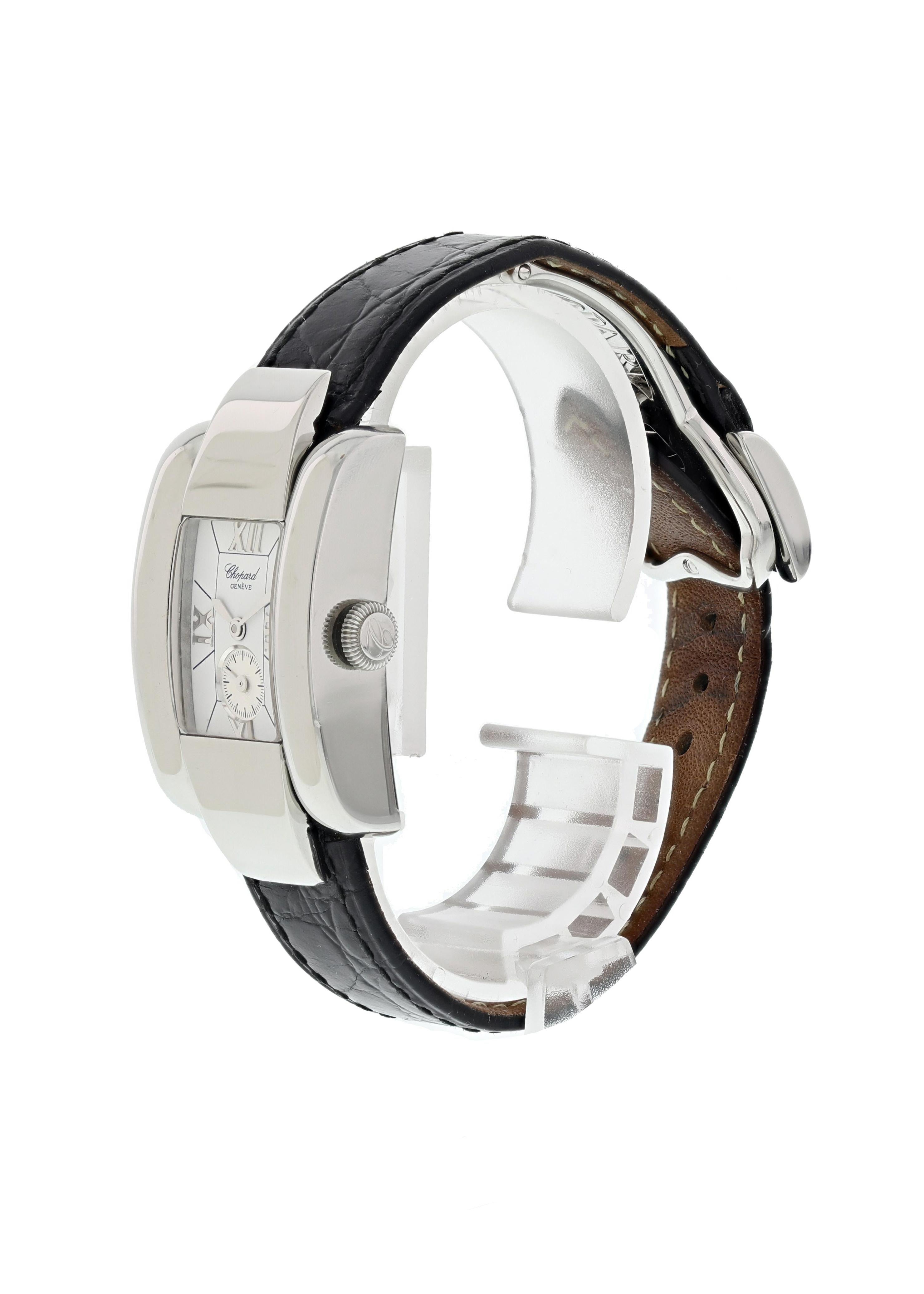 Chopard La Strada 41/8357 Ladies Watch. 34mm stainless steel case. White dial with steel hands and index hour markers. Steel 3,9 and 12 Roman numerals. Small second subdial. Black Alligator leather strap with deployment buckle. Will fit up to a