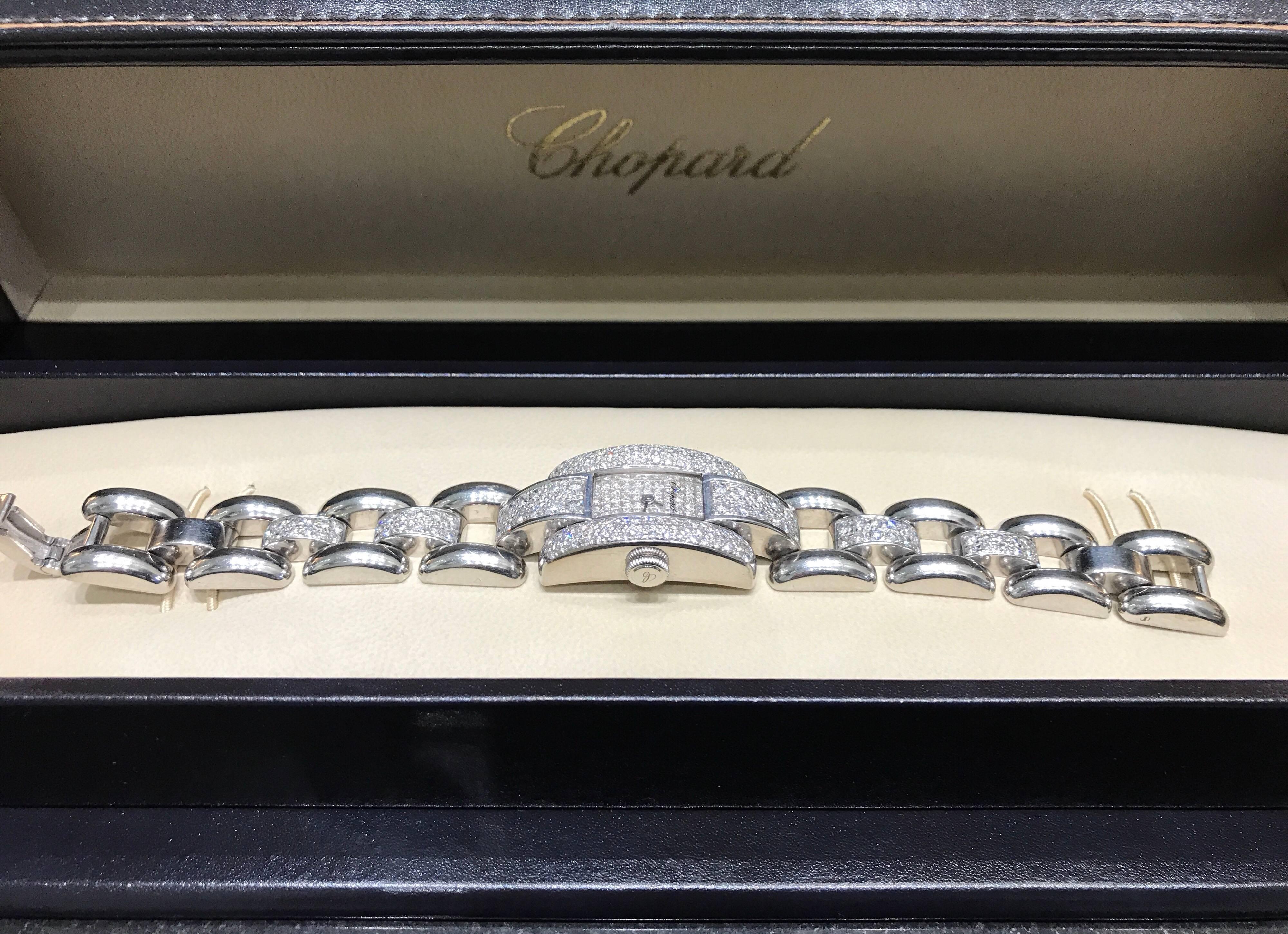 A Chopard lady's diamond La Strada Bracelet Watch set in 18k white gold. The watch features 283 brilliant-cut diamonds of approx 5.5 carats after-set to a white gold band.
The watch is sold in the Chopard watch case and service warranty card.
Retail