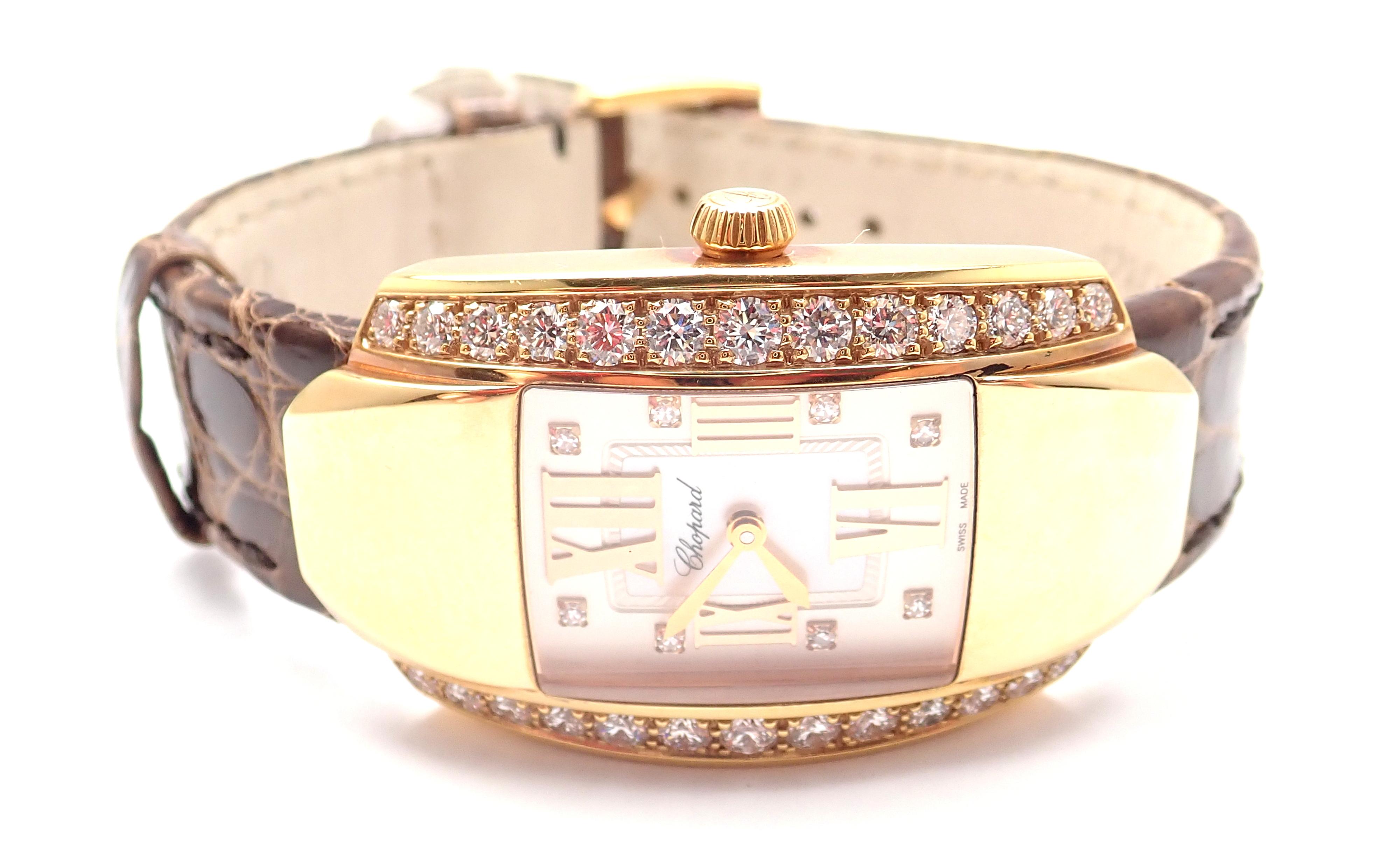 18k yellow gold diamond La Strada watch by Chopard.
With 26 Chopard original round diamonds VVS1 clarity, E color total weight approximately 1.90ct
This watch comes with Chopard box and Chopard certificate of authenticity.
**** This timepiece is a