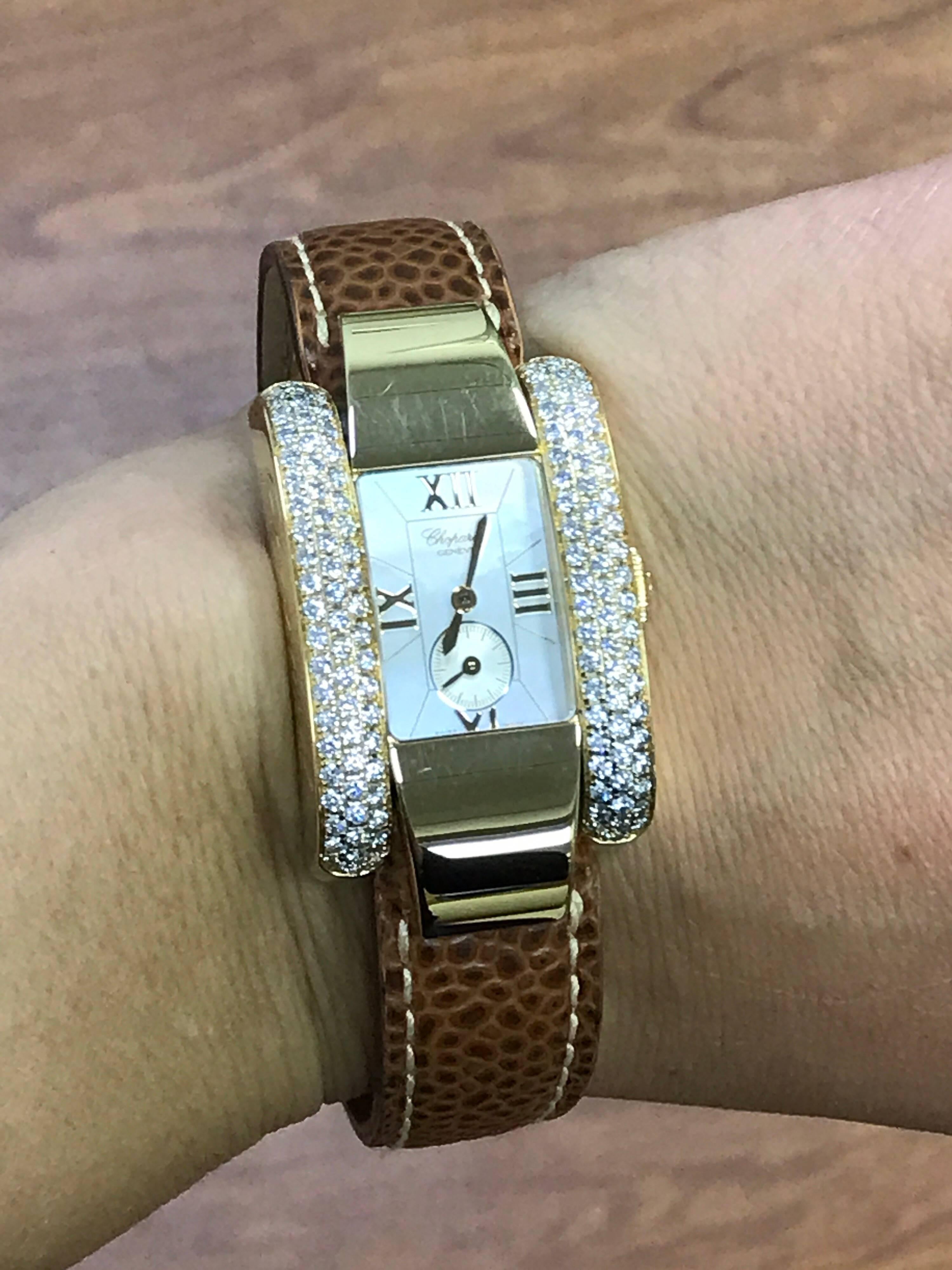 Women's or Men's Chopard La Strada Yellow Gold and Diamond Leather Band Ladies Watch For Sale
