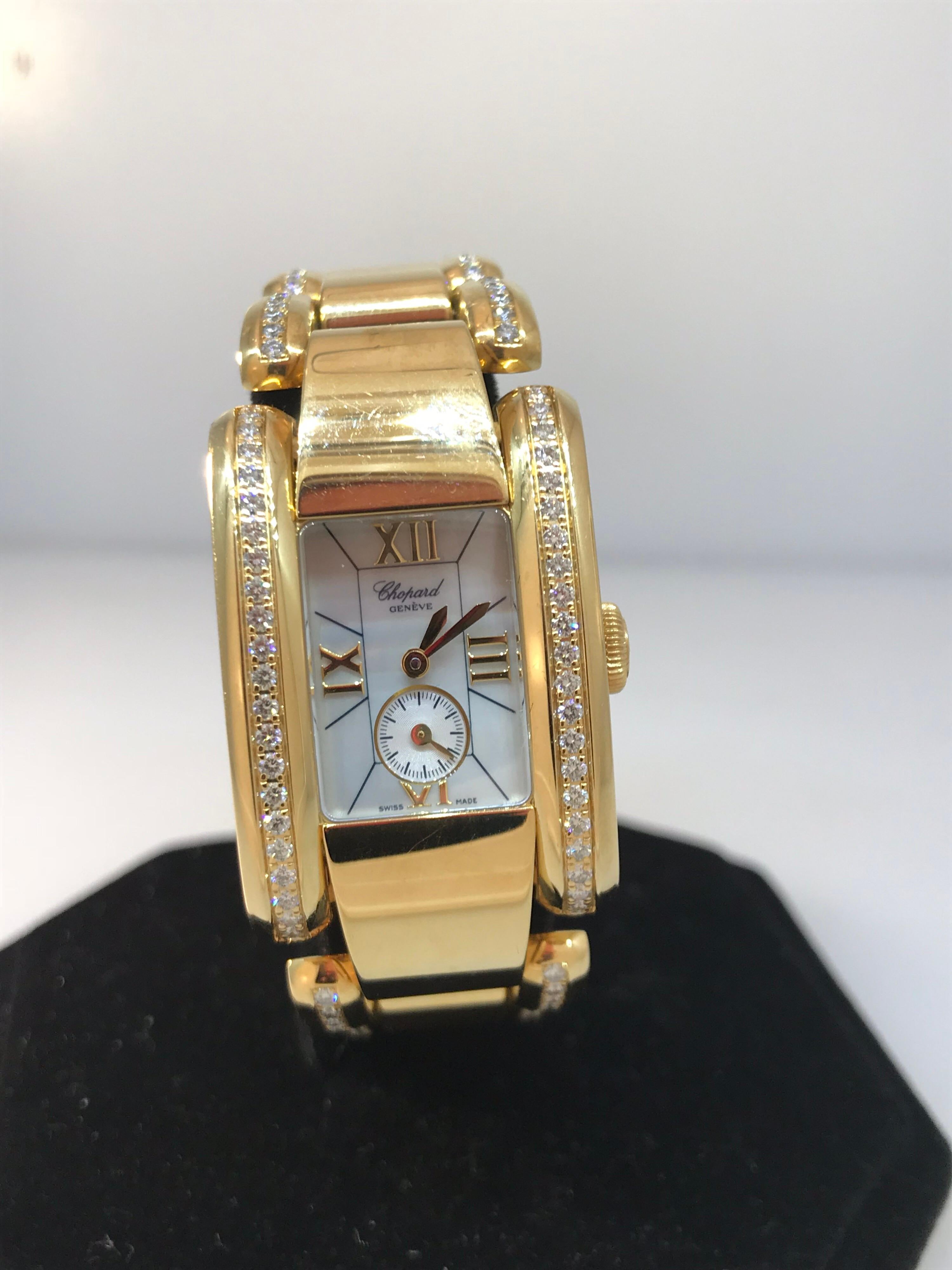 Chopard La Strada Yellow Gold & Diamond Ladies Watch

Model Number: 41/6916-0001

100% Authentic

New 

Comes with original Chopard Box, Certificate of Authenticity and Warranty, and Instruction Manual

18 Karat Yellow Gold Case & Bracelet

White