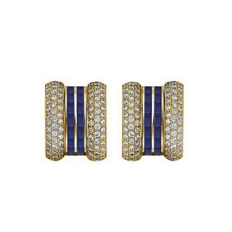 Chopard La Strada Yellow Gold Earrings
Year: 2019
Condition: New

Total diamond weight: 2.50 ct
[ 172 diamonds ]
Color: F-G
Clarity: IF-VVS

Total baguette sapphire weight: 1.81 ct
[ 20 sapphires ]