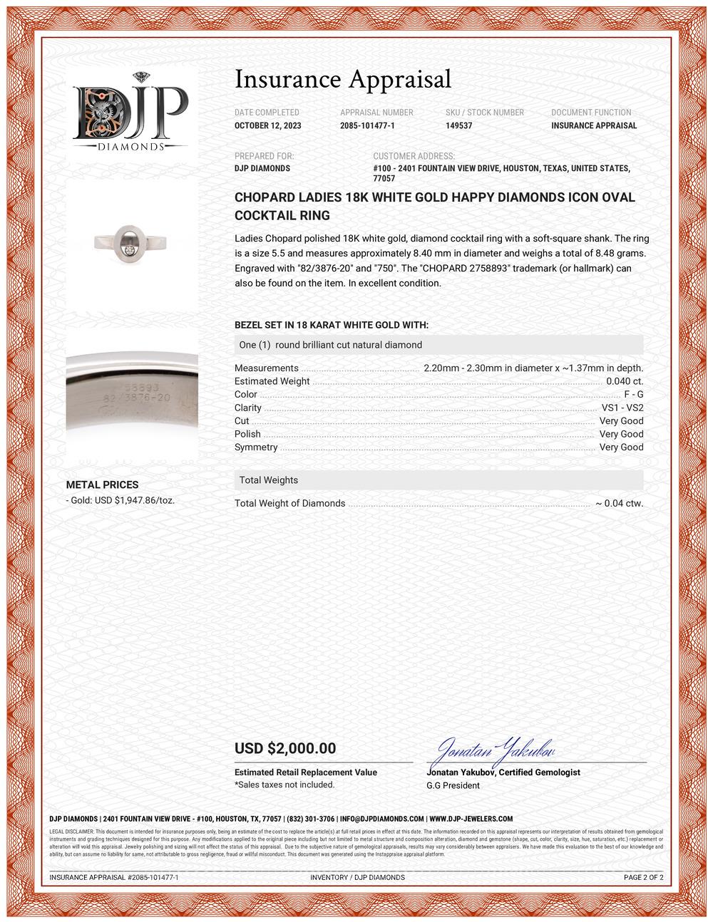 Women's Chopard Ladies 18K White Gold Happy Diamonds Icon Oval Cocktail Ring