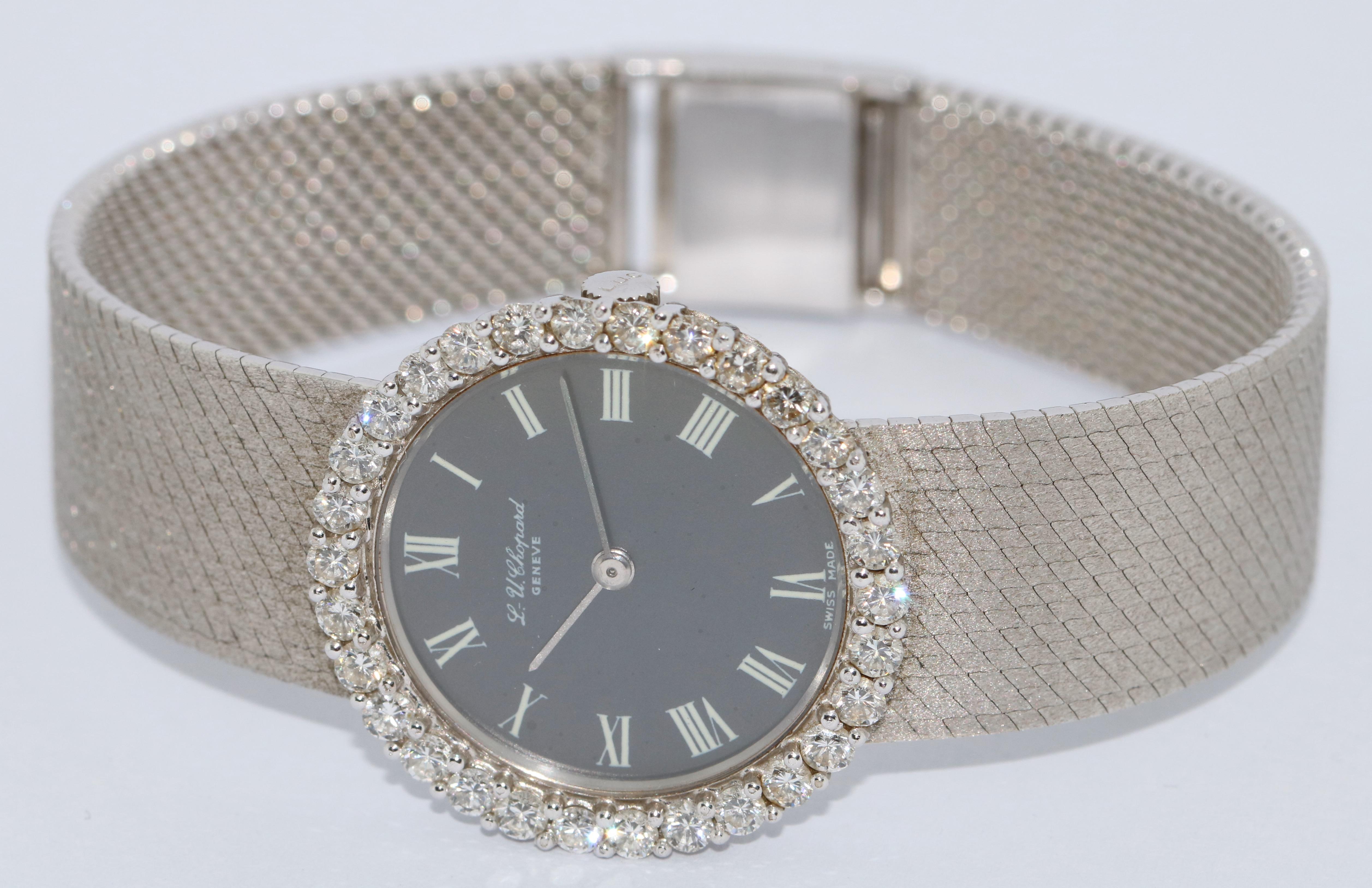 Very flat and wonderful Chopard ladies watch. Strap and case made of 18 Karat, 750 white gold.

Set with 30 diamonds in TOP quality with a total weight of approx. 1.5 carat.

Anthracite dial. Manual winding movement.

Including certificate of