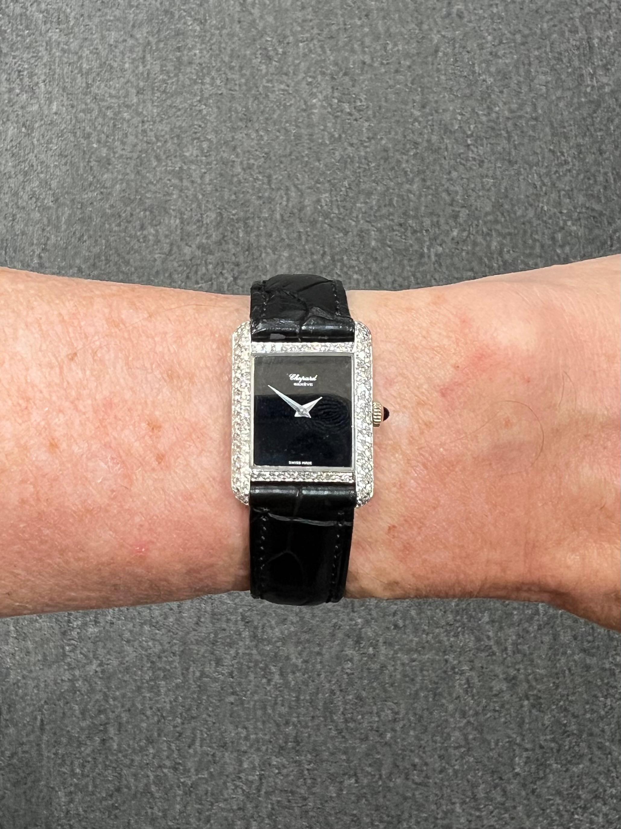 Chopard ladies vintage diamond tank white gold wristwatch, circa 1970s.

The Chopard Ladies Vintage Diamond Tank White Gold Wristwatch, circa 1970s, epitomizes the elegance and sophistication characteristic of high-end Swiss watchmaking during that